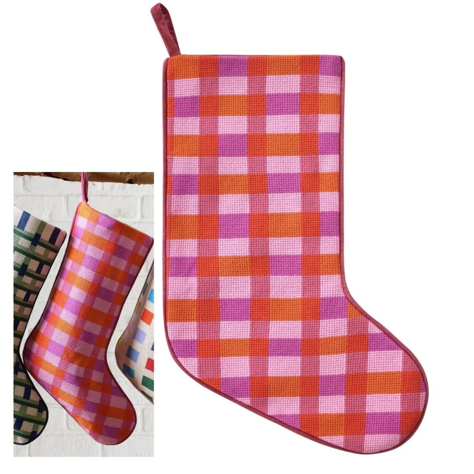 m. lynne designs plaid pink abstract needlepoint stocking