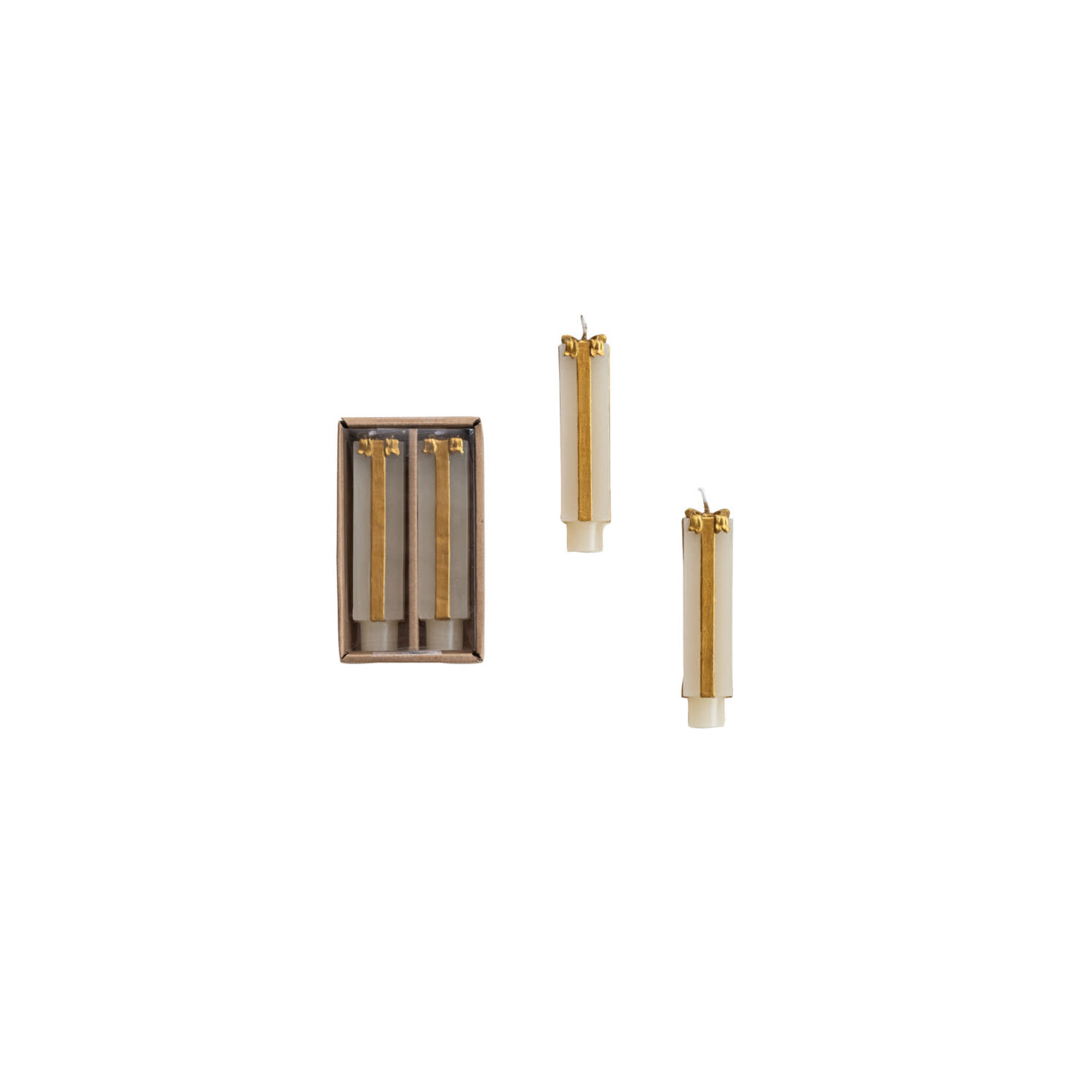 m. lynne designs white & gold package shaped candle taper