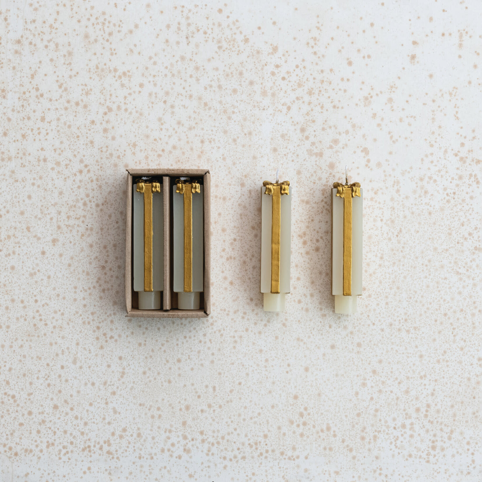 m. lynne designs white & gold package shaped candle taper