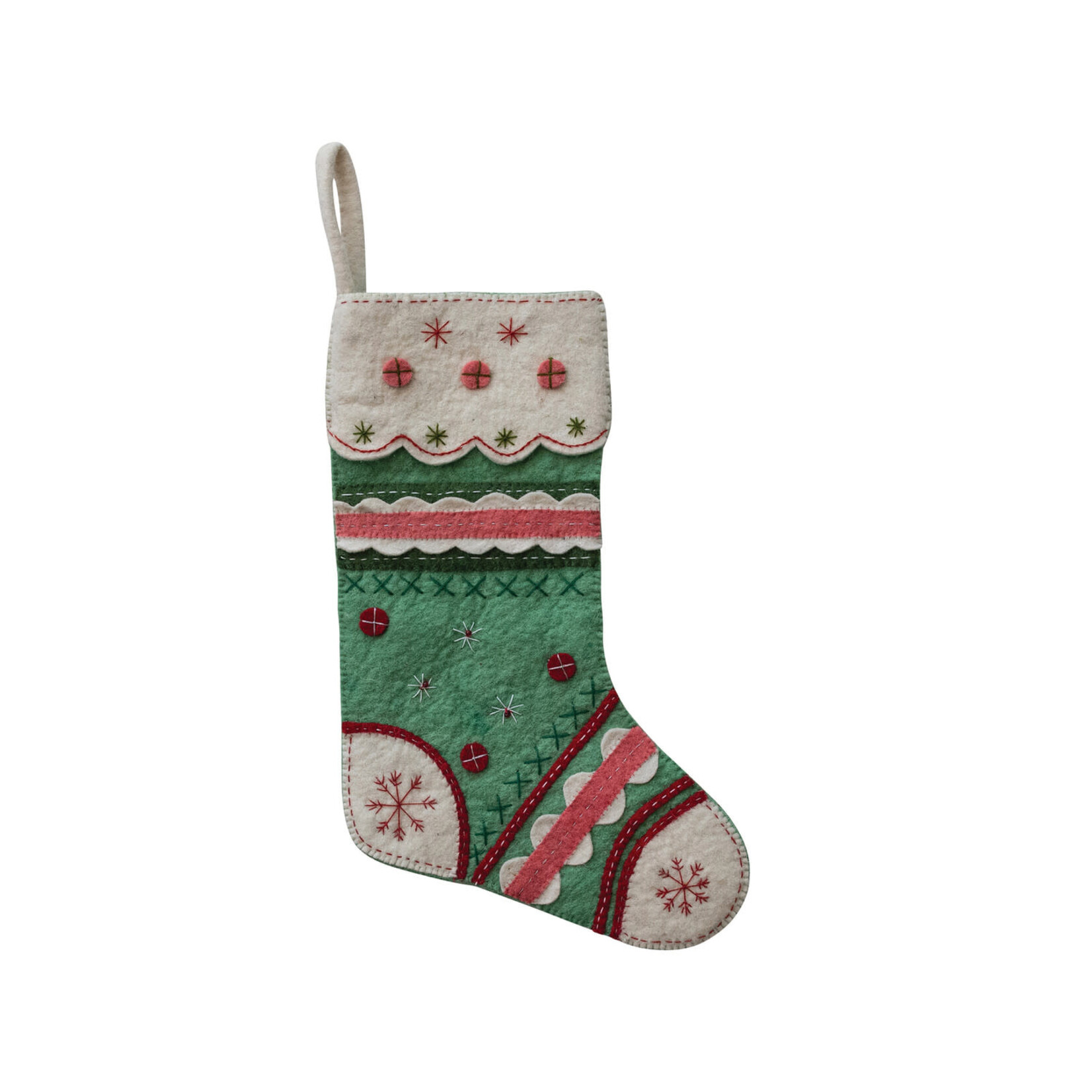 m. lynne designs pink, mint and white handmade wool felt stocking