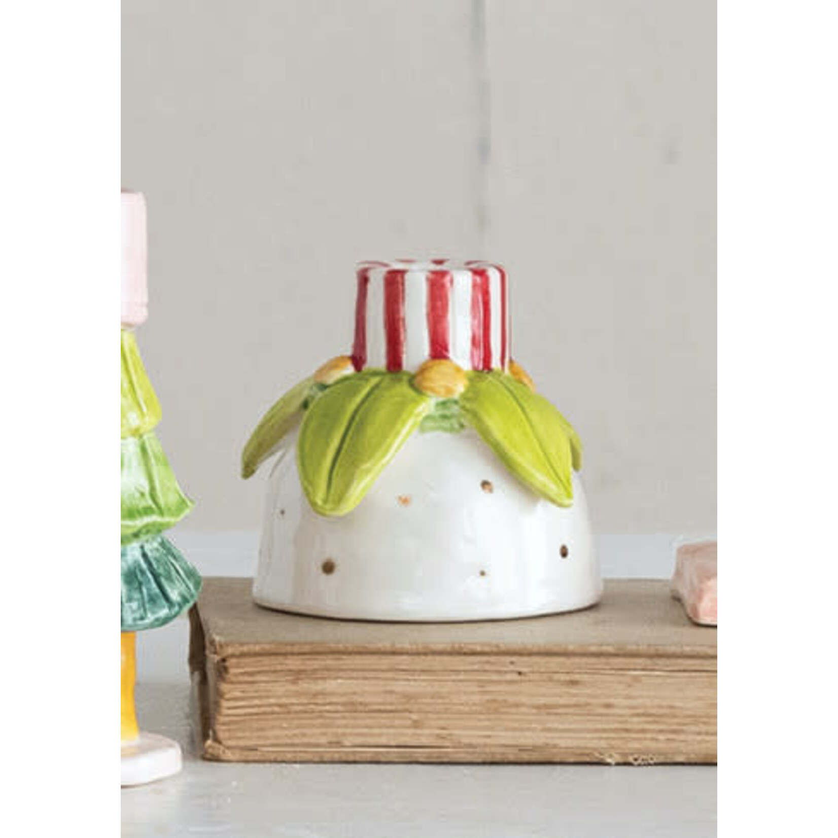 m. lynne designs red & green hand-painted stoneware flower shaped taper holder