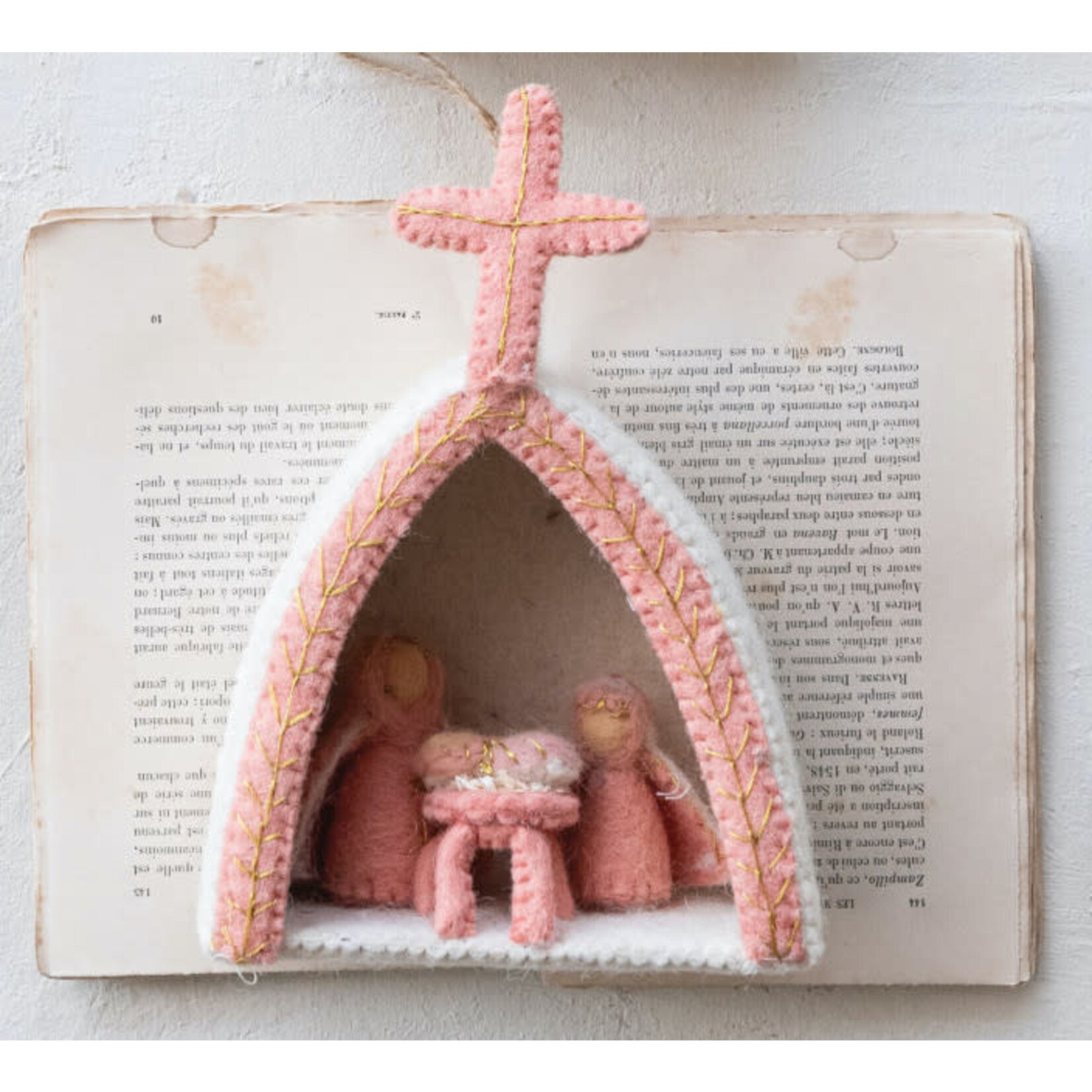 m. lynne designs handmade wool felt holy family ornament with embroidery, pink