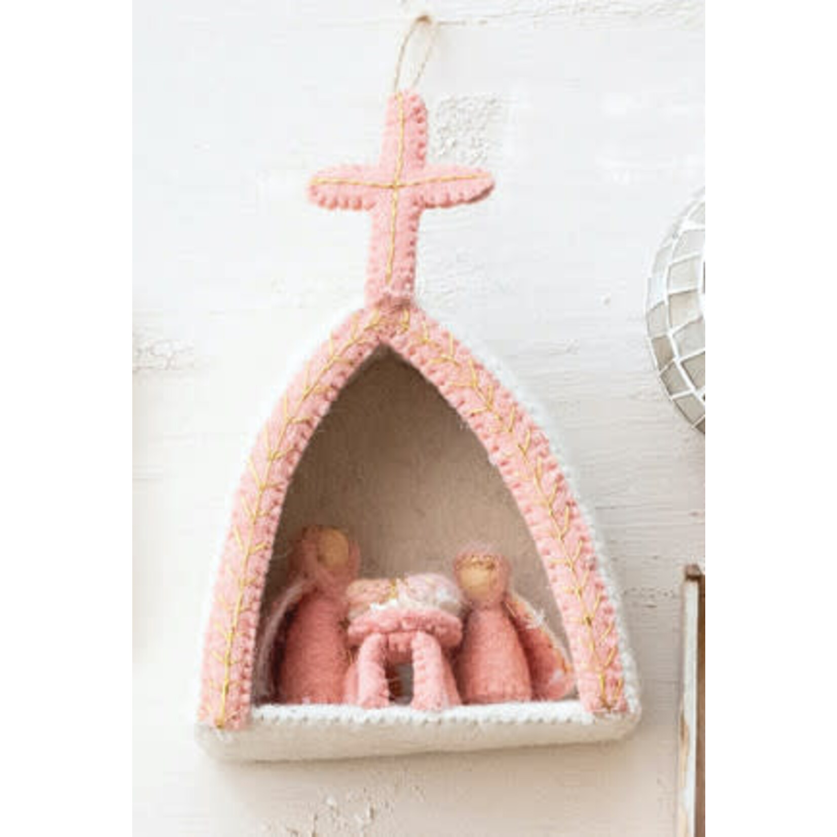 m. lynne designs handmade wool felt holy family ornament with embroidery, pink