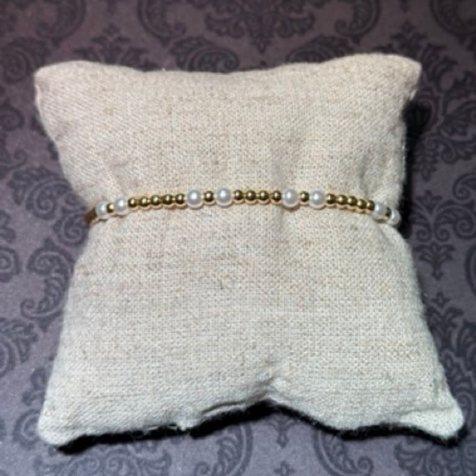 m. lynne designs stainless gold bead bracelet with multi-double pearls