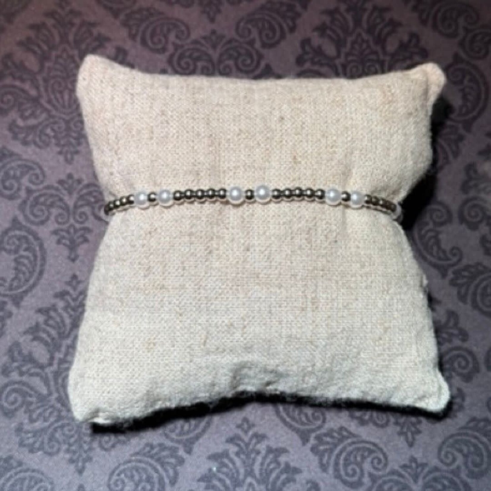 m. lynne designs stainless silver bead bracelet with multi-double pearls