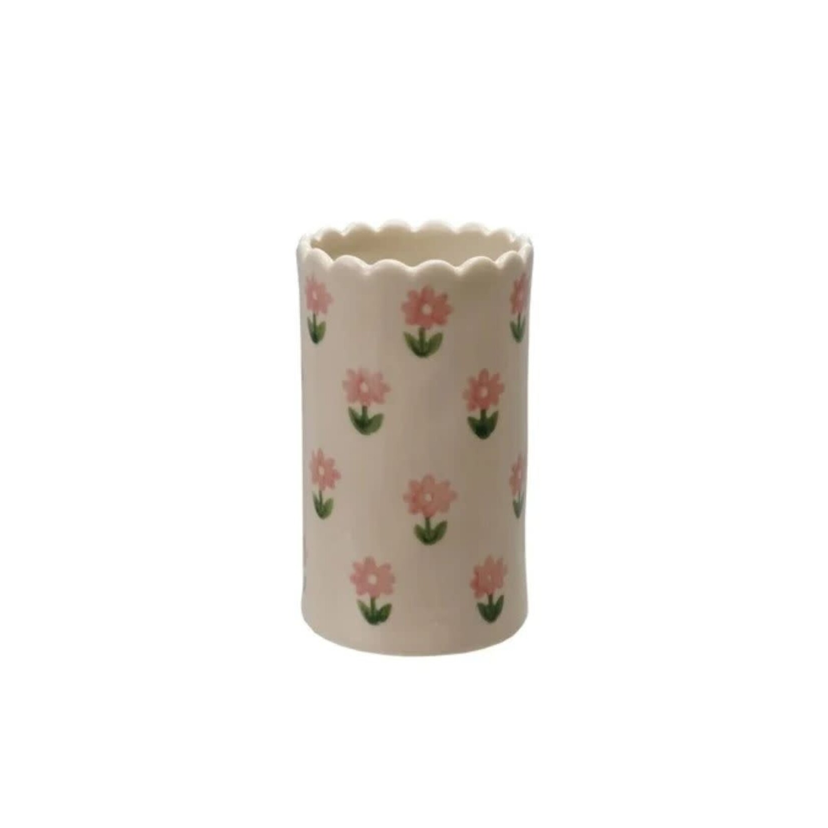 m. lynne designs cream stoneware vase with pink flowers and scallop