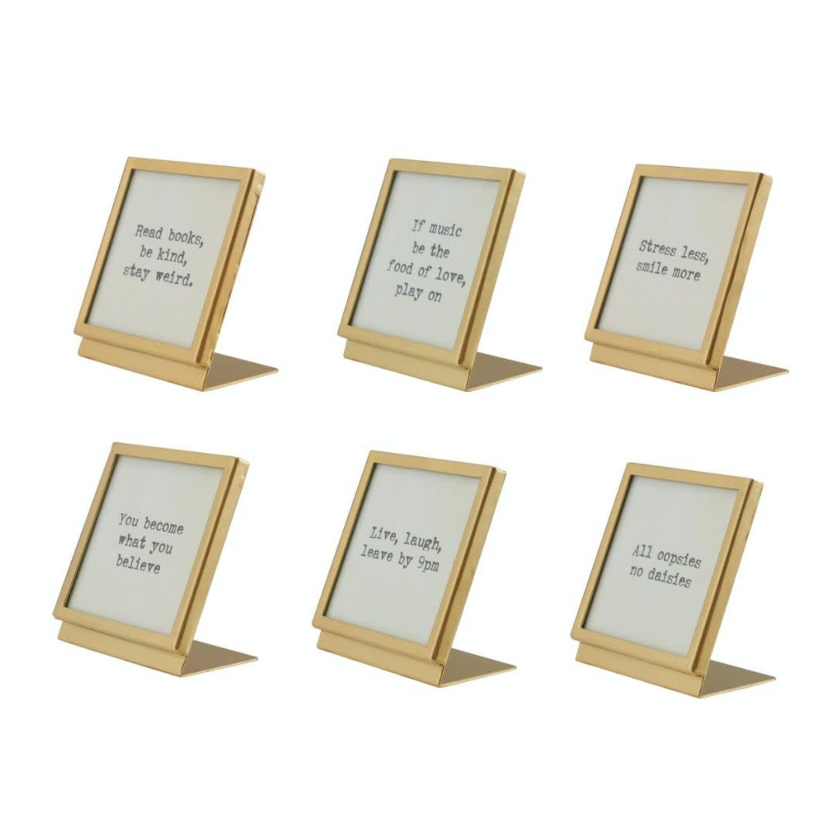 m. lynne designs gold metal frame with typed quote