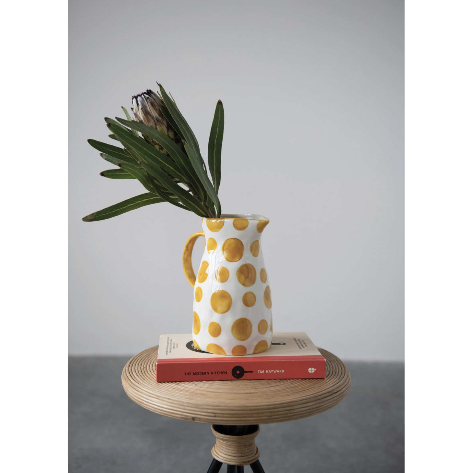 m. lynne designs yellow polka dot stoneware pitcher