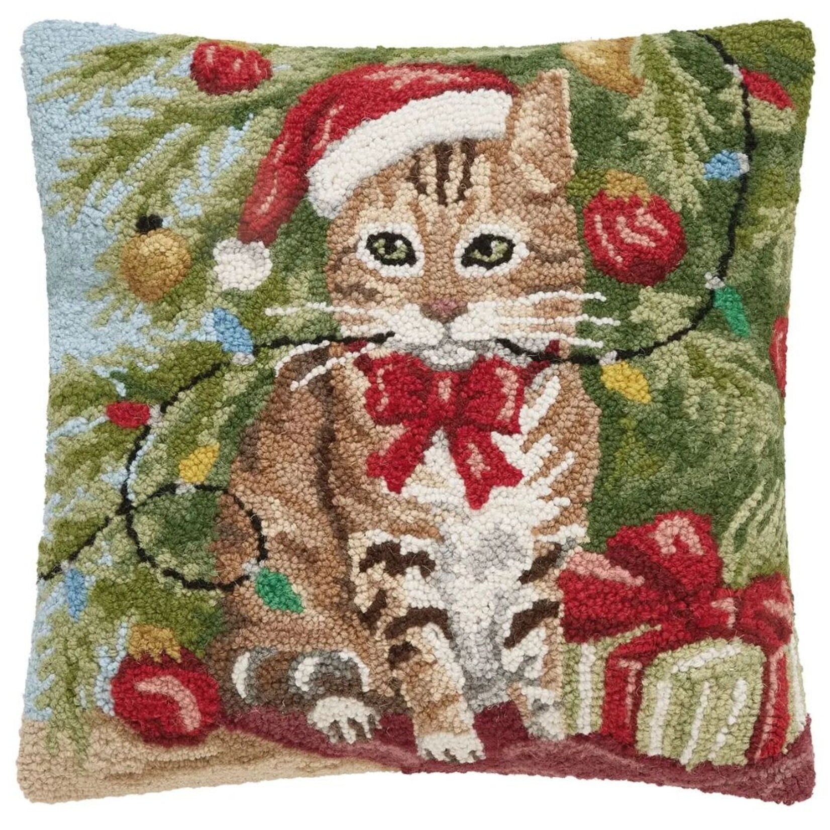 m. lynne designs tabby cat christmas hook pillow