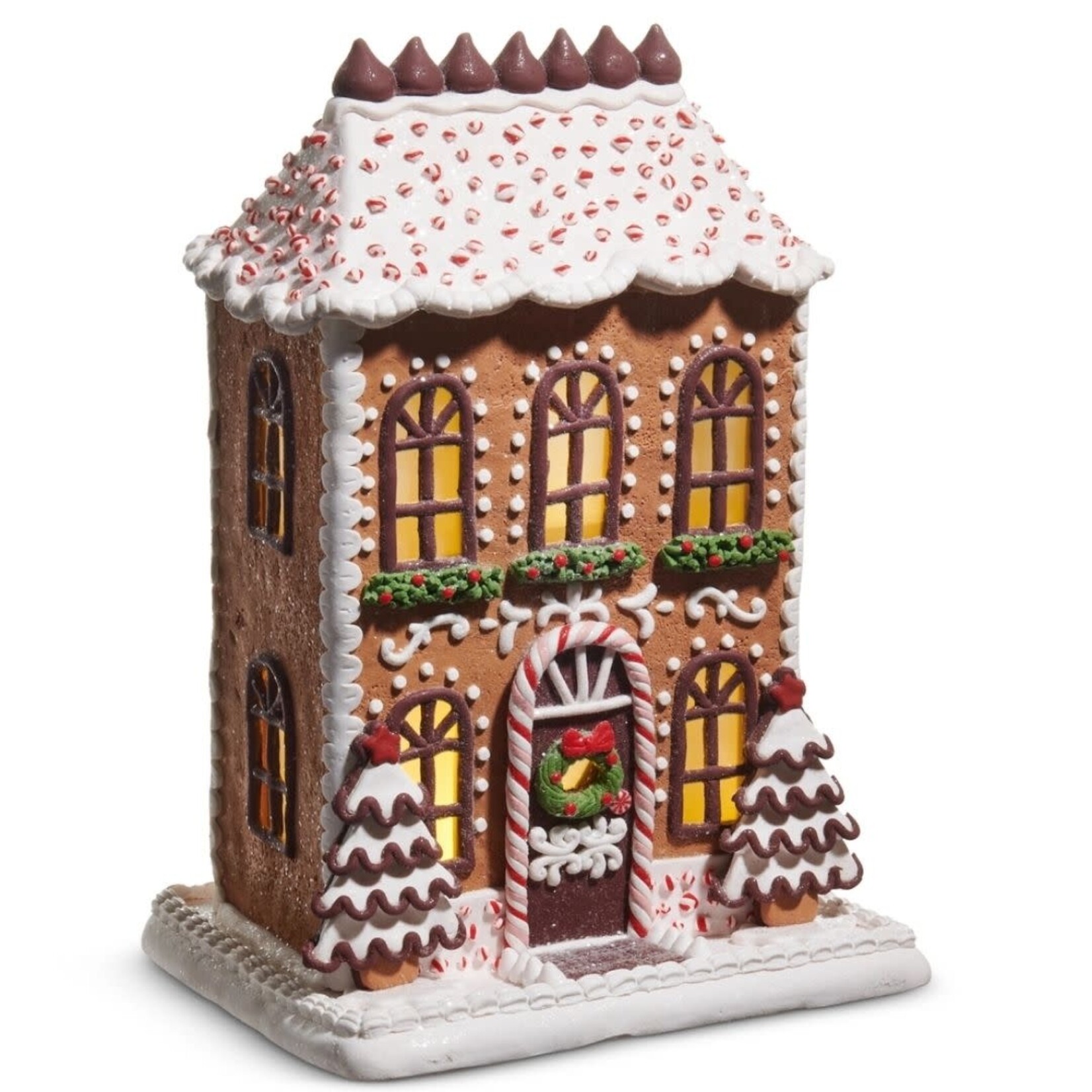 m. lynne designs chocolate frosted lighted gingerbread house with kisses on roof