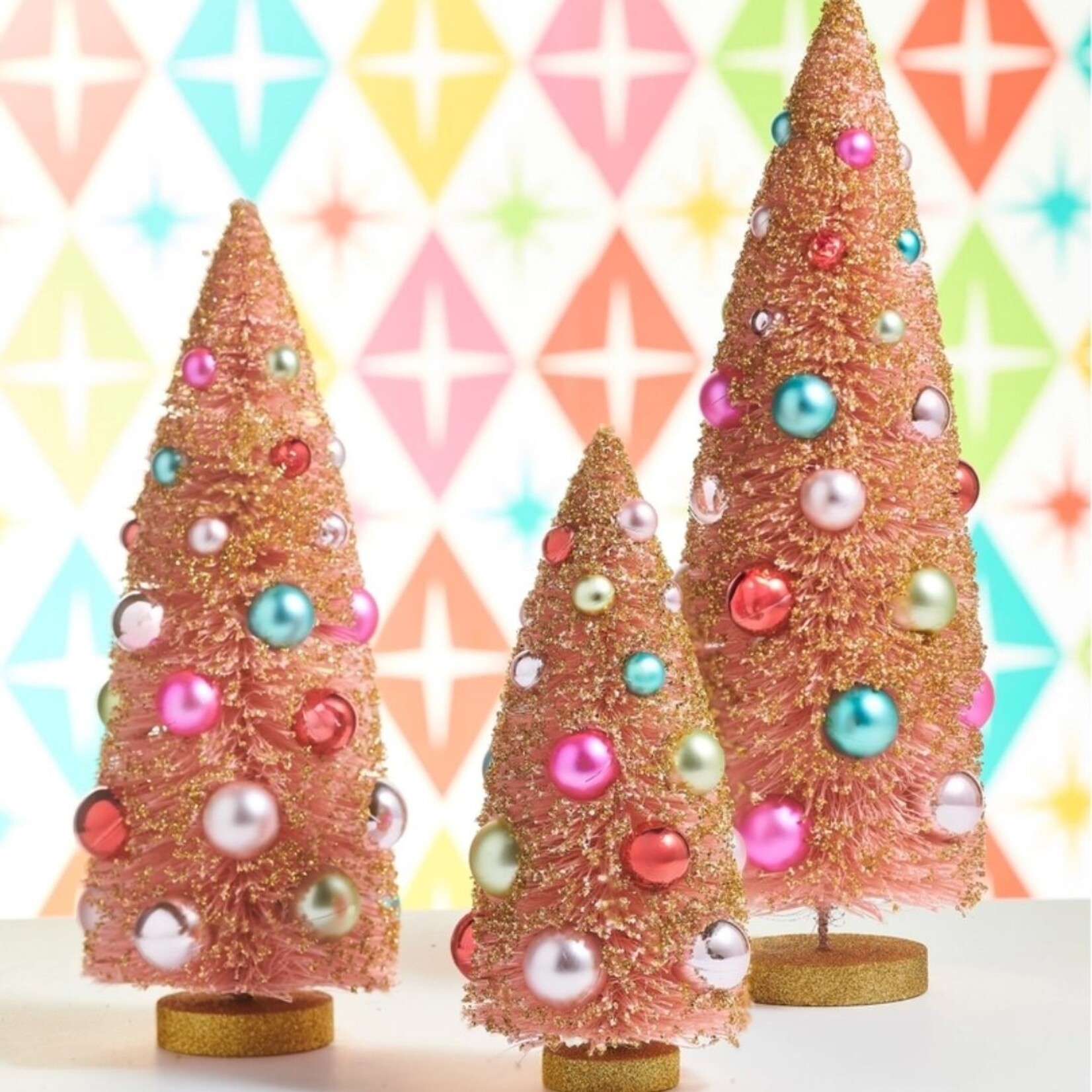 m. lynne designs pink bottle brush trees with gold glitter