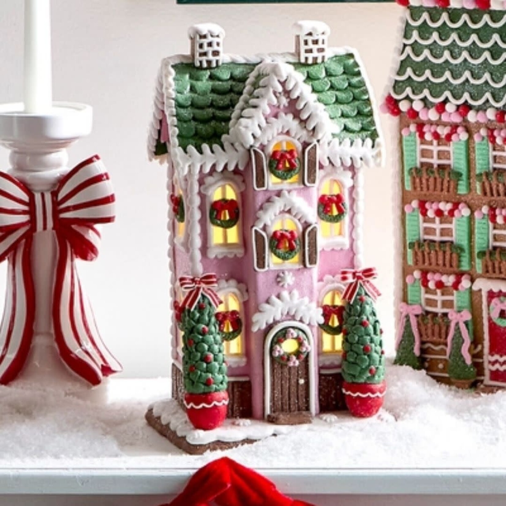 m. lynne designs pink and green cottage lighted gingerbread house