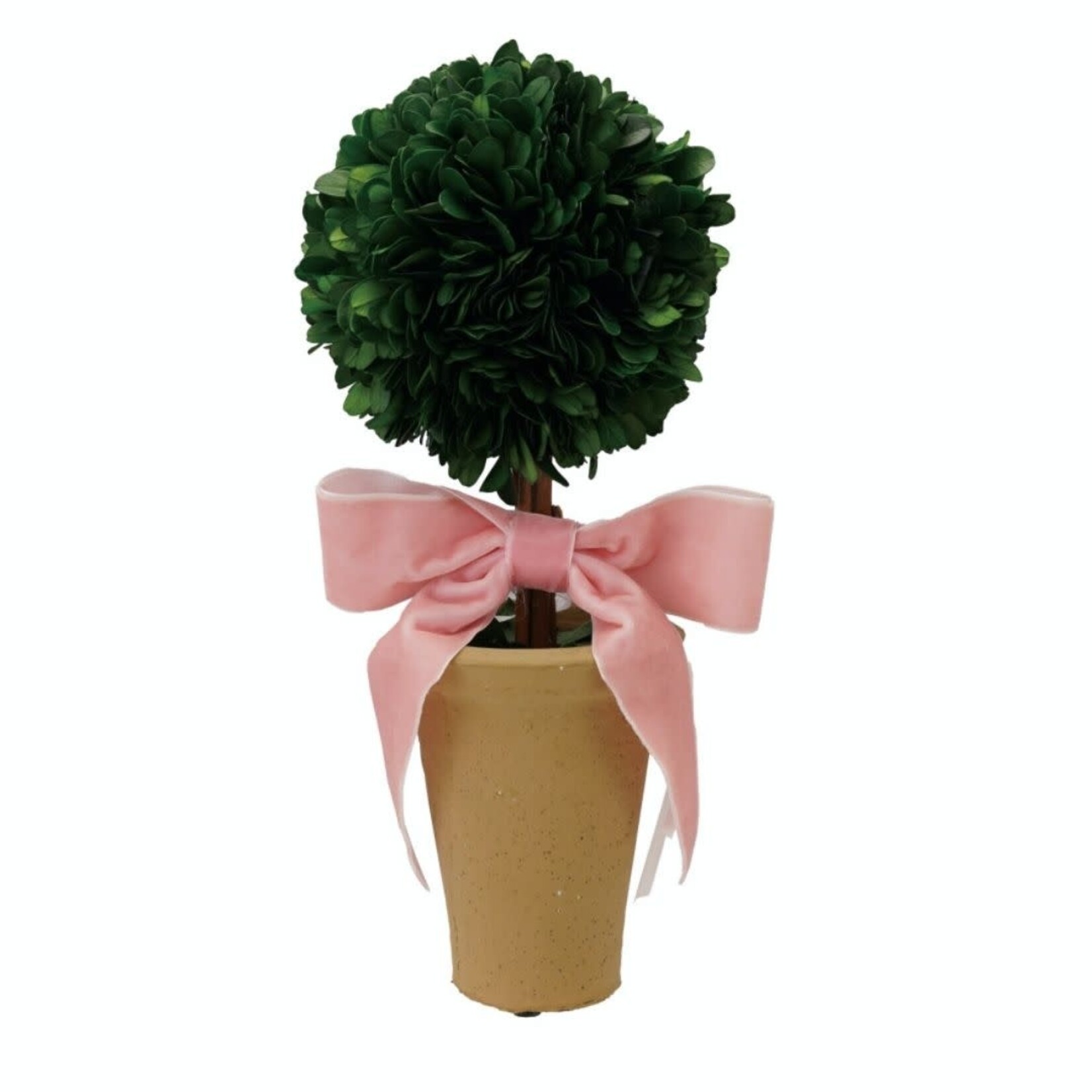 m. lynne designs dried boxwood tree topiary with pink velvet bow