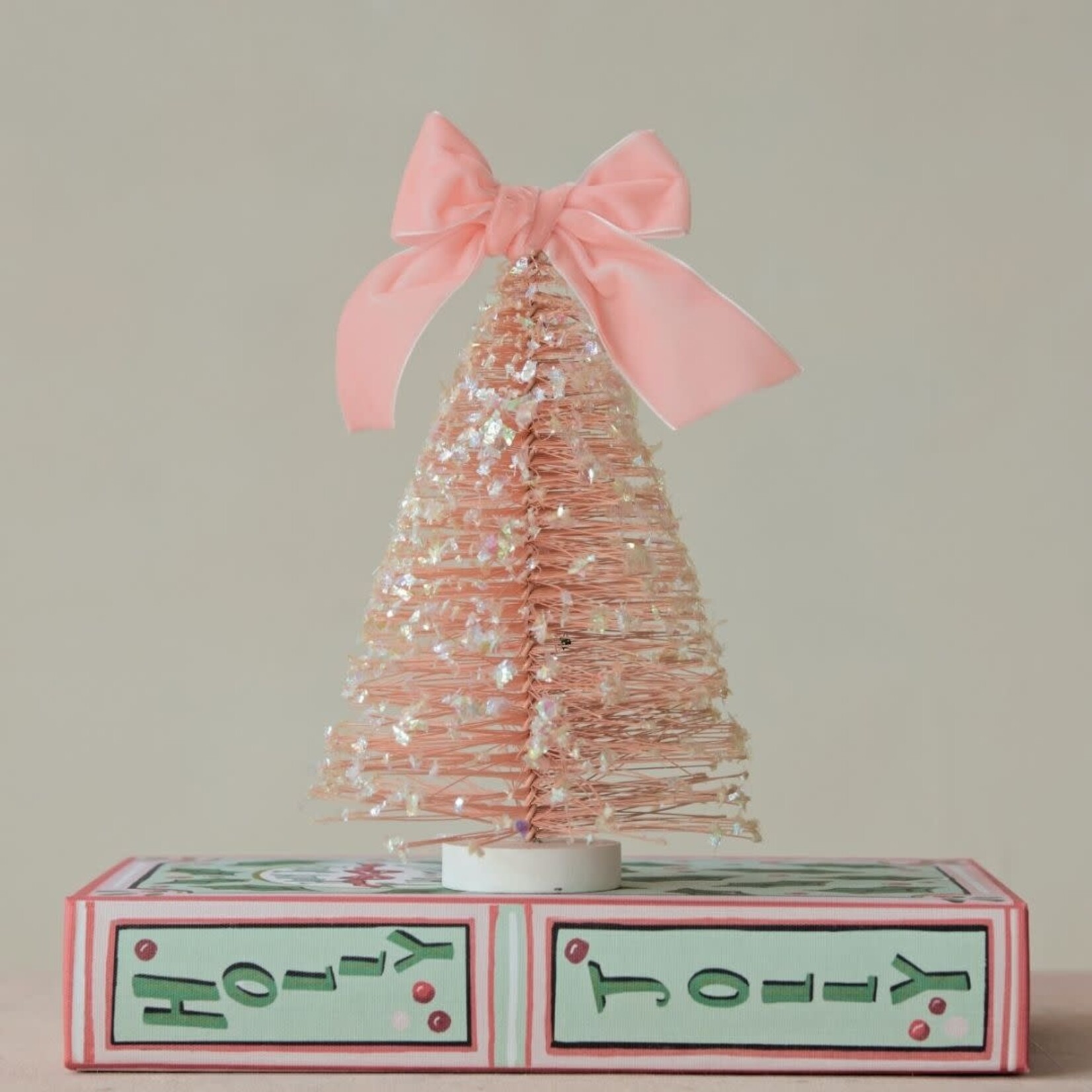 m. lynne designs pink bottlebrush tree with glitter with velvet bow