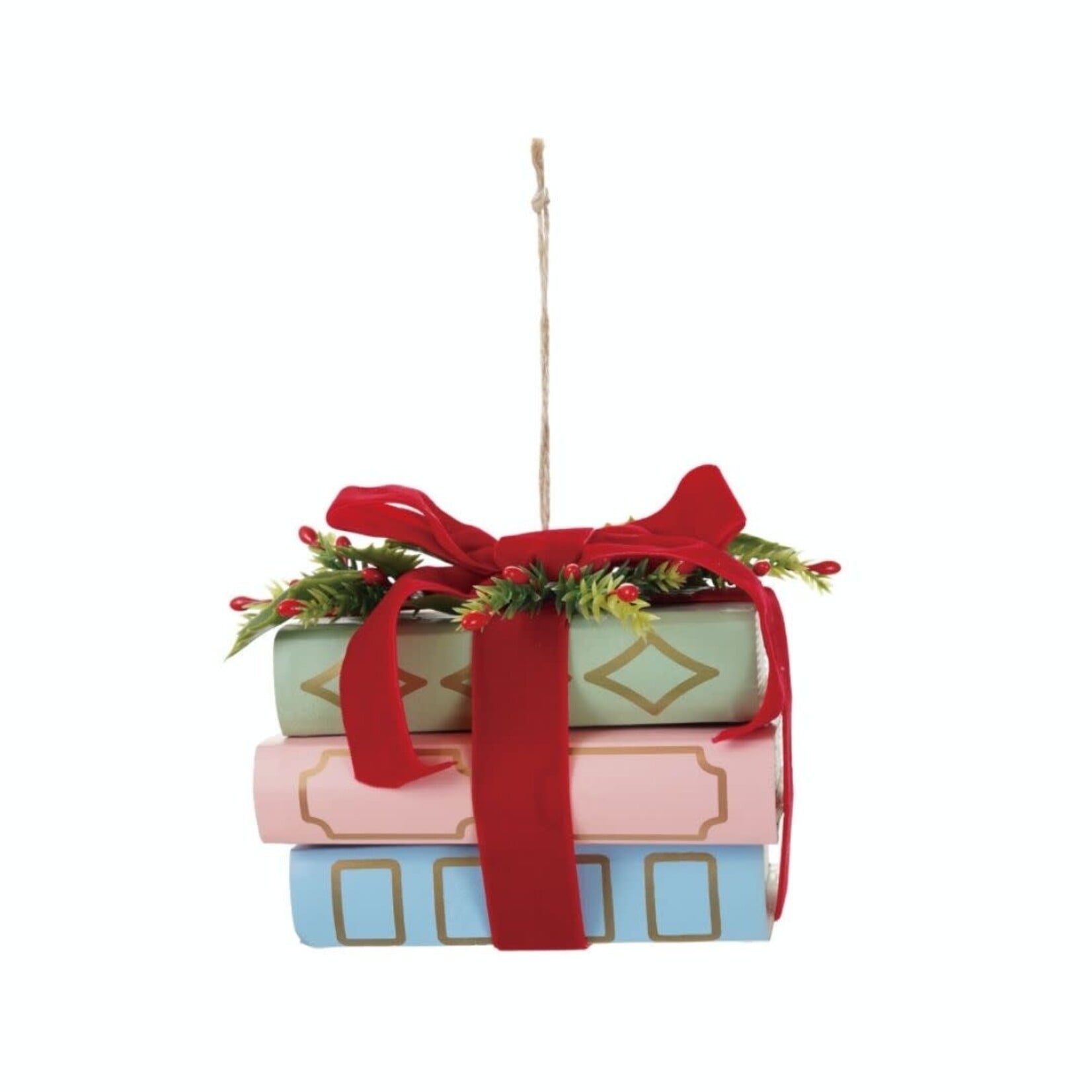 m. lynne designs paper stacked books ornament with velvet & holly