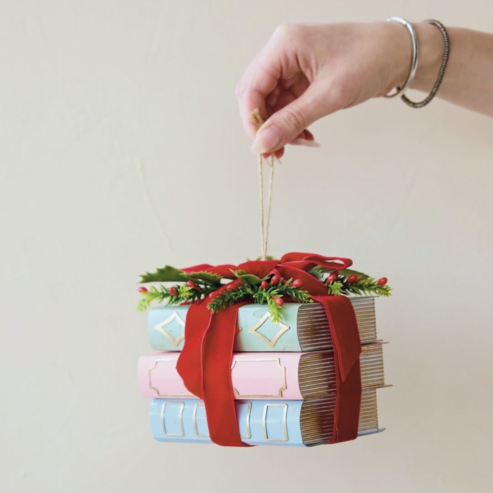 m. lynne designs paper stacked books ornament with velvet & holly