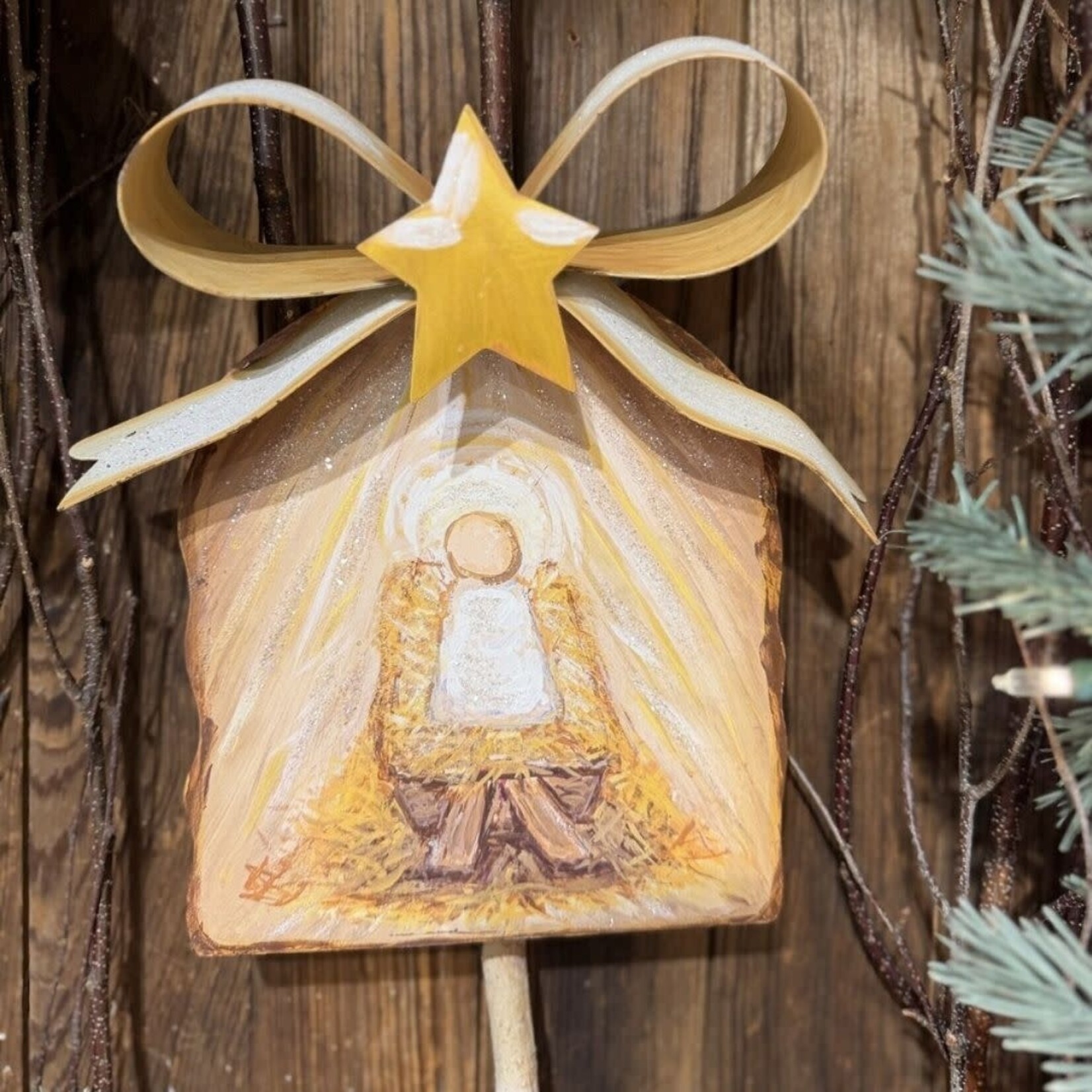the round top collection gold bow manger & baby Jesus stake