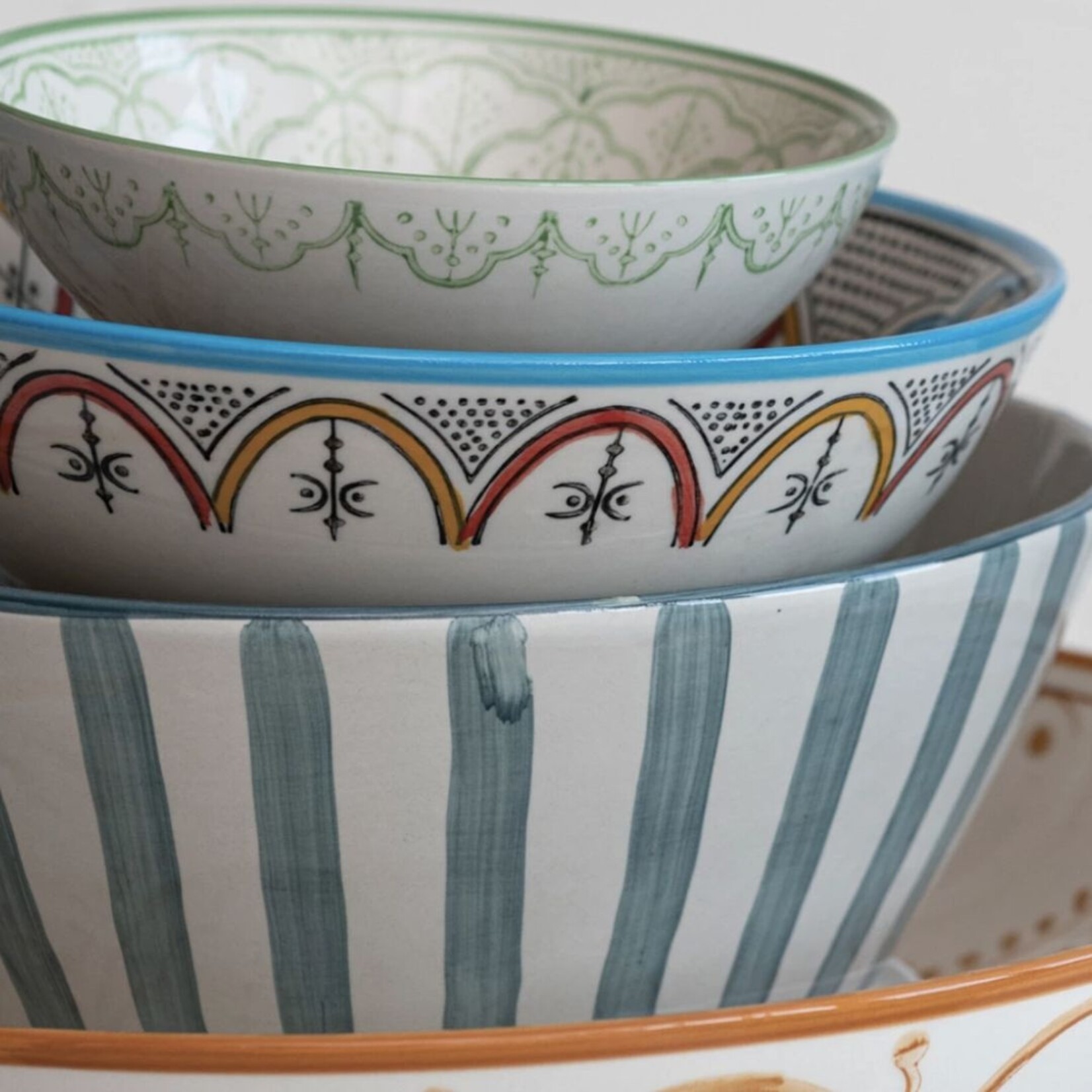 m. lynne designs teal stripes with reactive glaze serving bowl