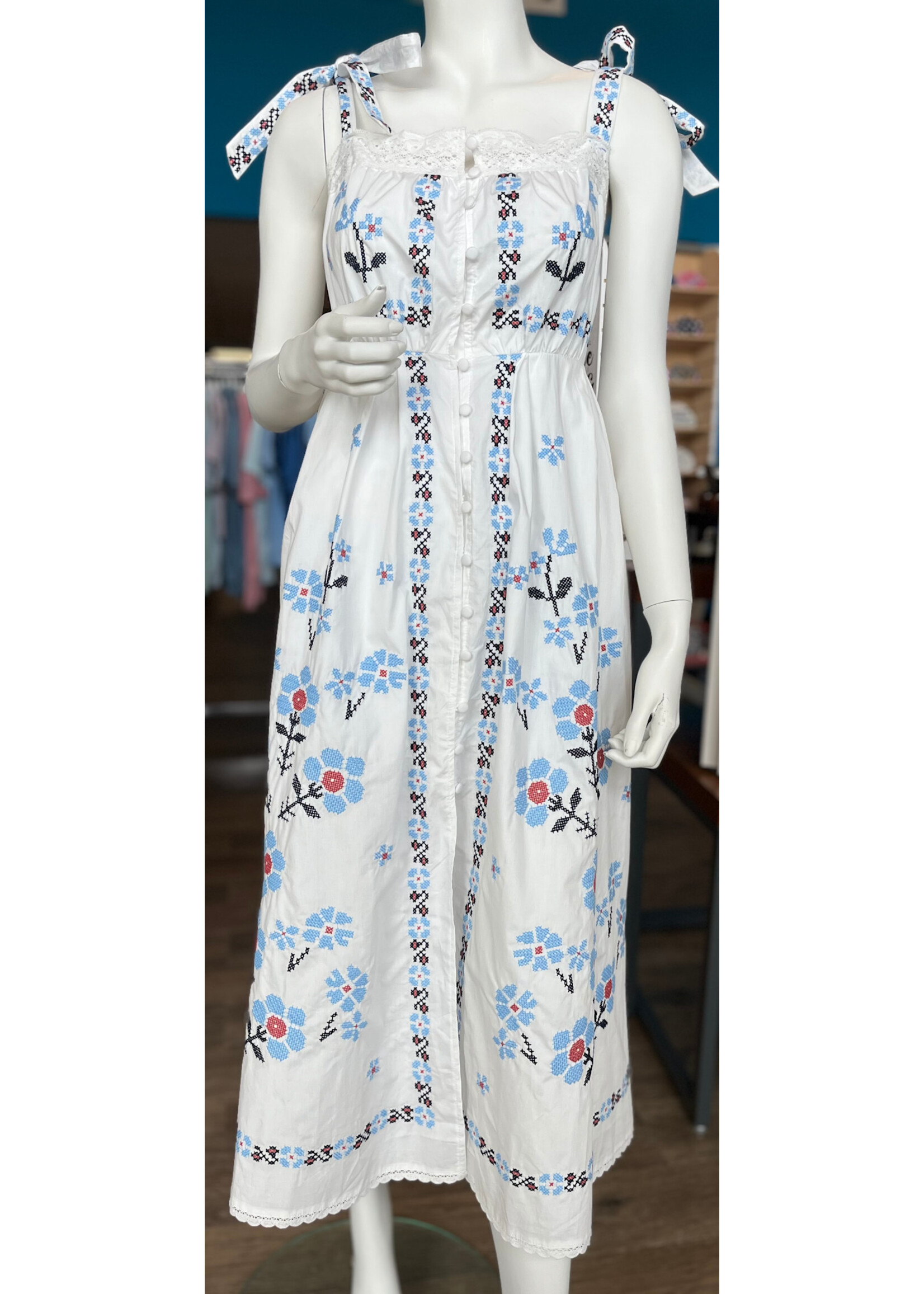 Mable Embroidered Shoulder Strap Midi Dress