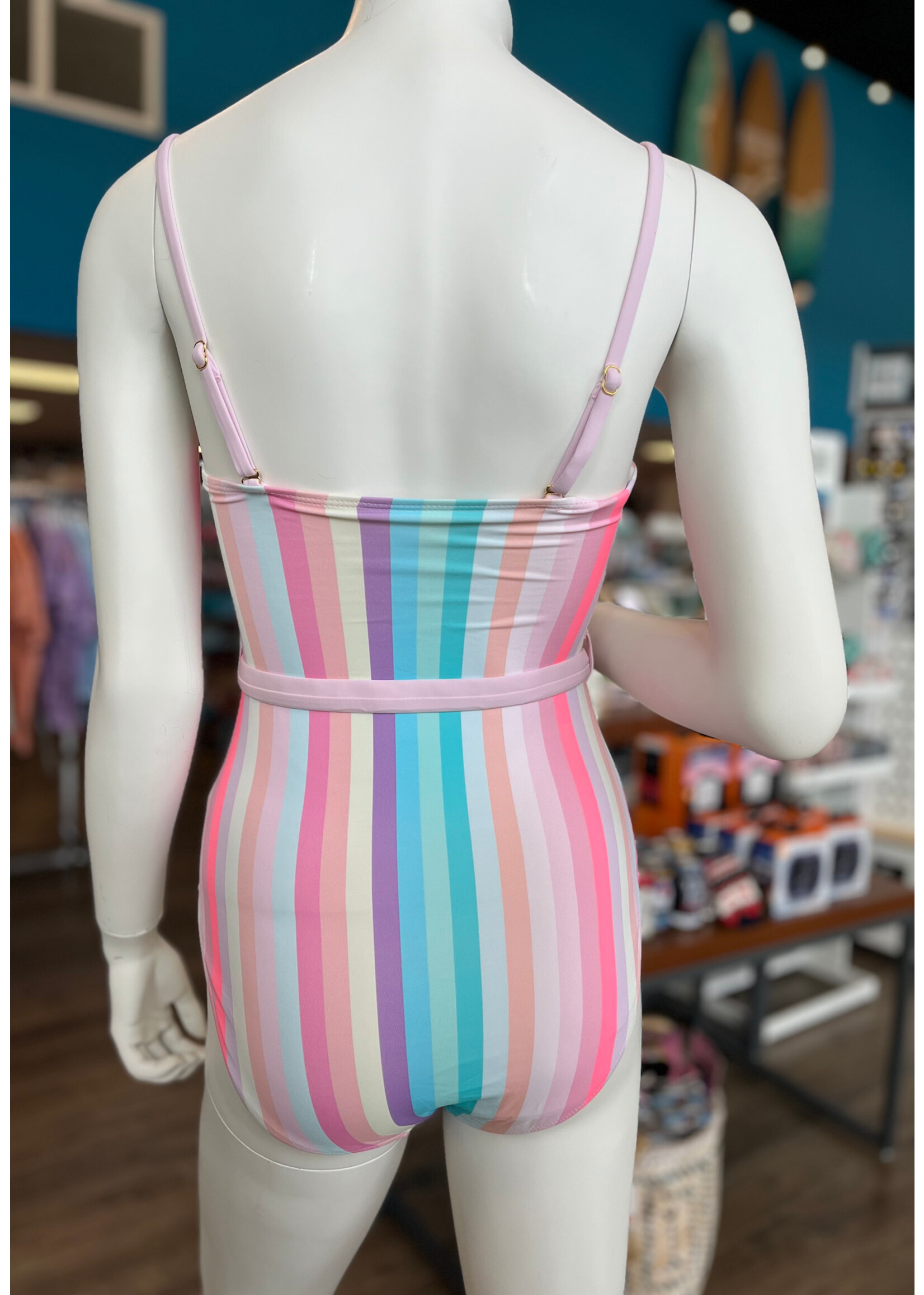 Vanilla Monkey Striped Belted Detail One Piece Swimsuit