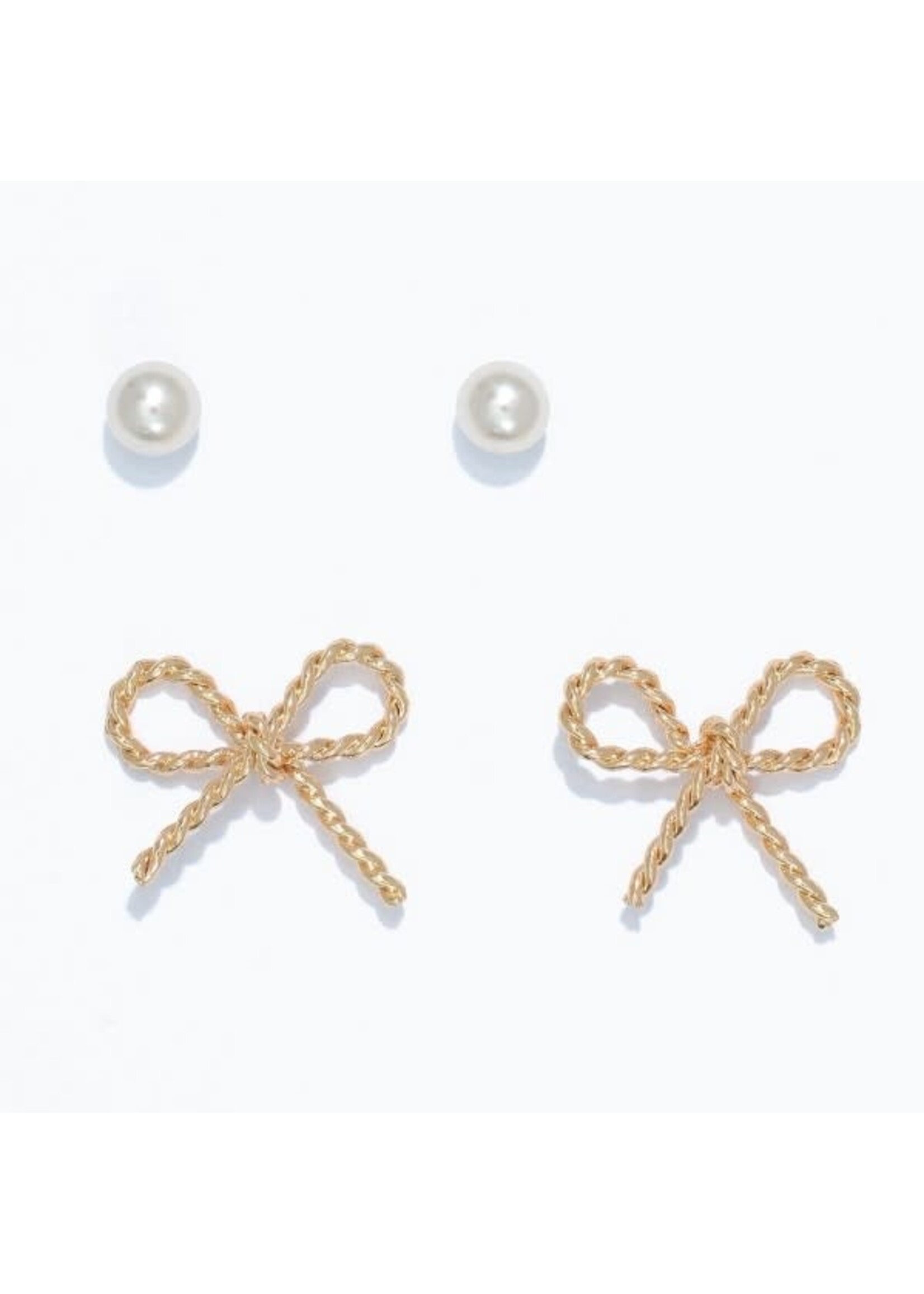 Earrings - Duo Pearls + Gold Rope Bow