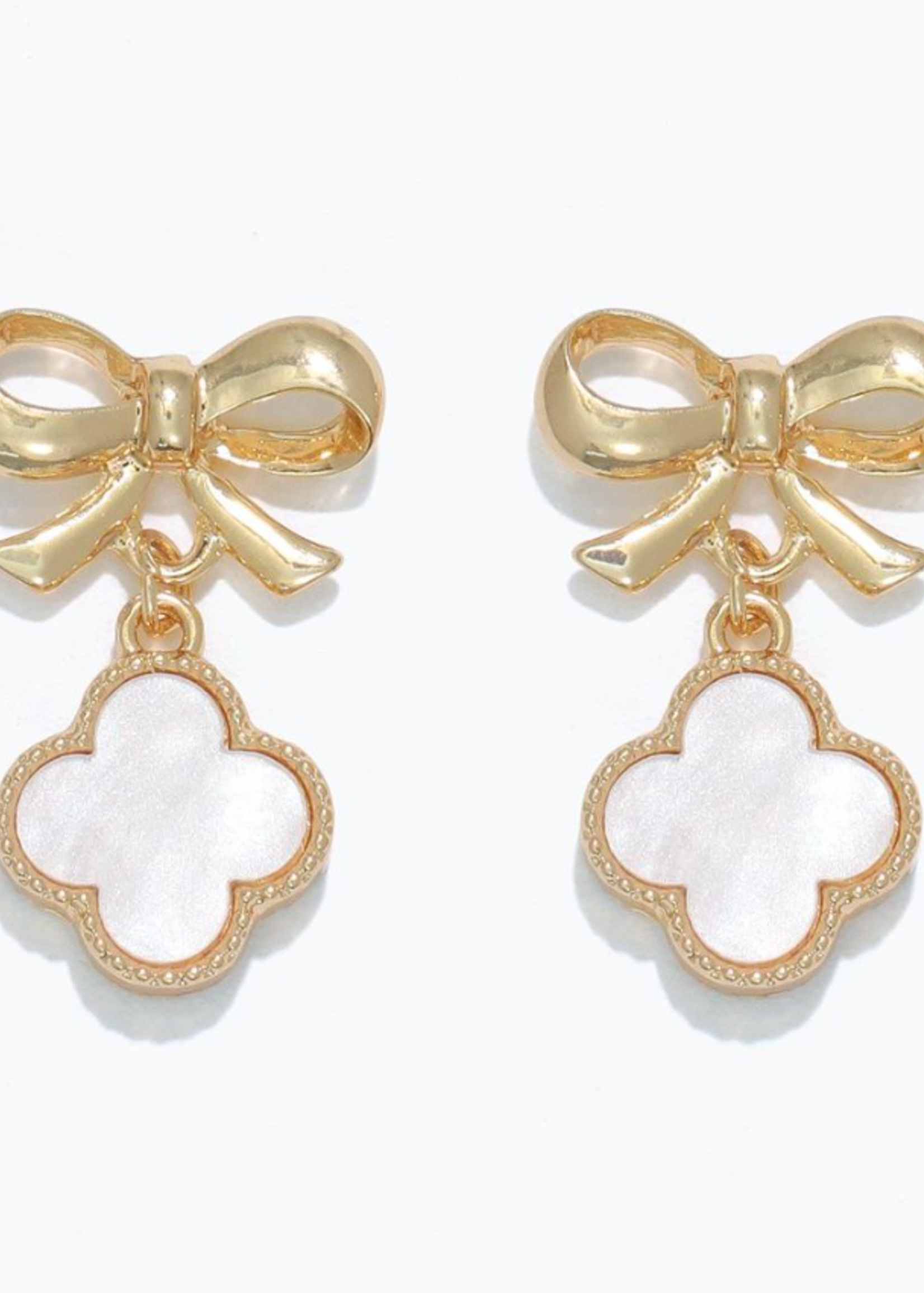 Earrings - Gold Bow + White Clover
