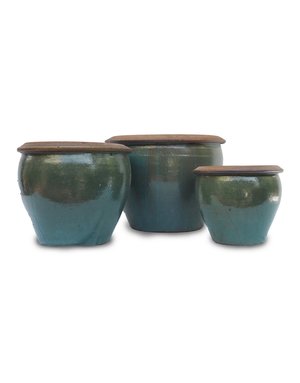 Small 10.5x9 Rustic Thai Bell Pot Bottle Green Glaze