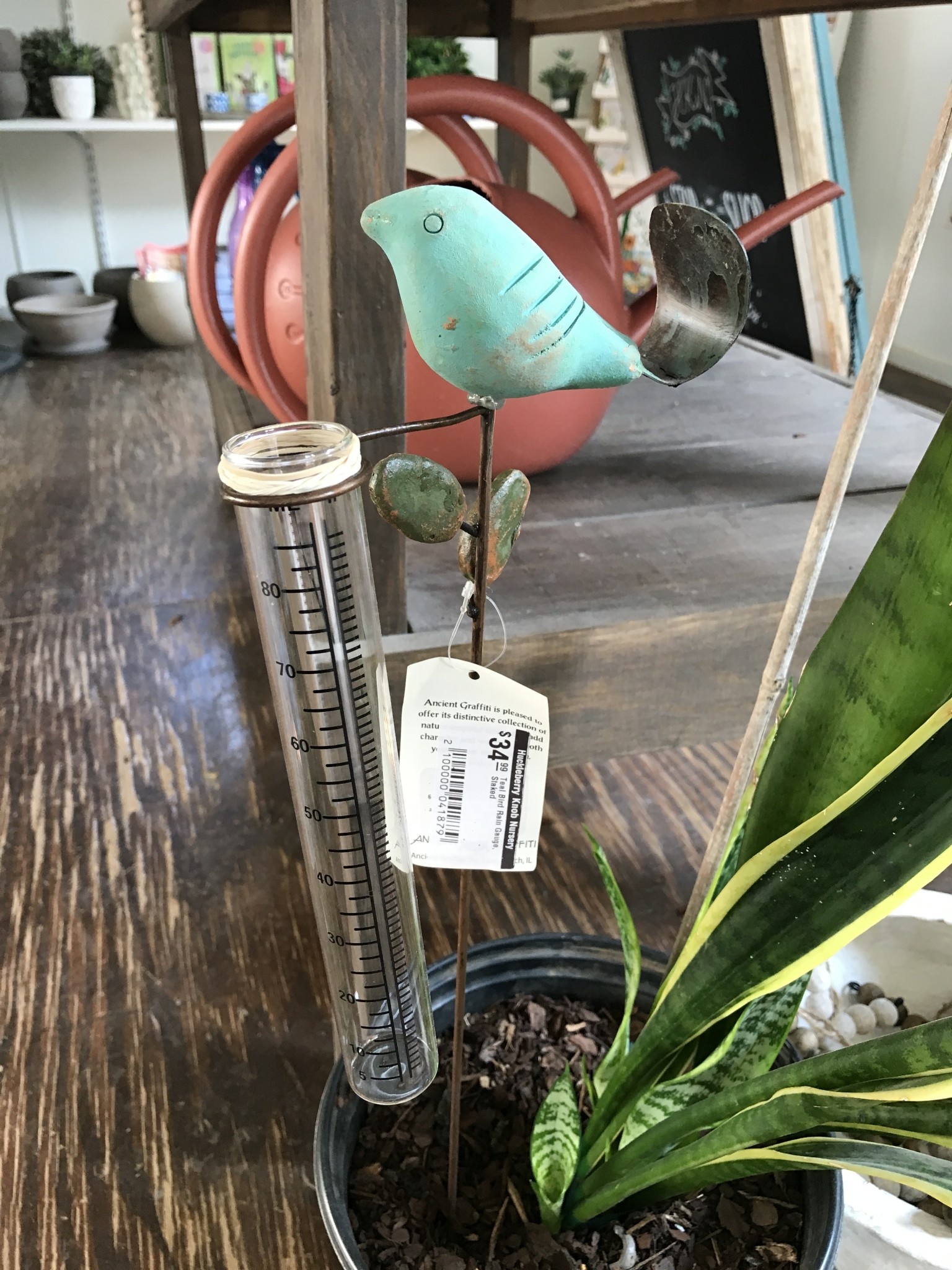 Teal Bird Rain Gauge, Staked