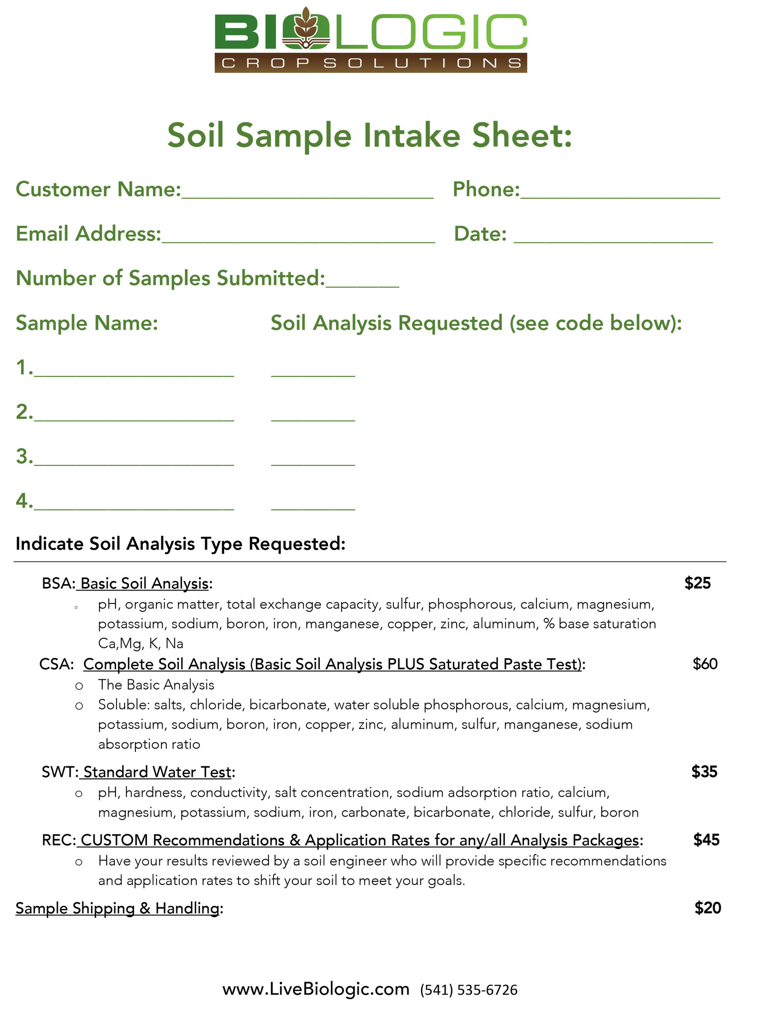 Soil Sample Intake Sheet