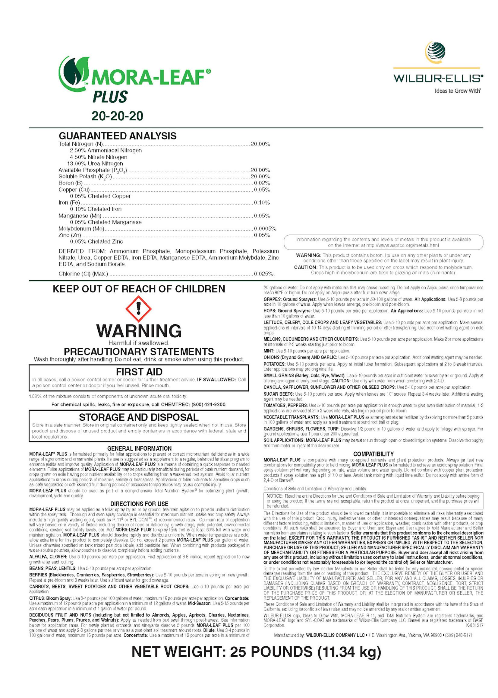 Mora-Leaf (20-20-20) 25 lb Bag 90 bags/pallet