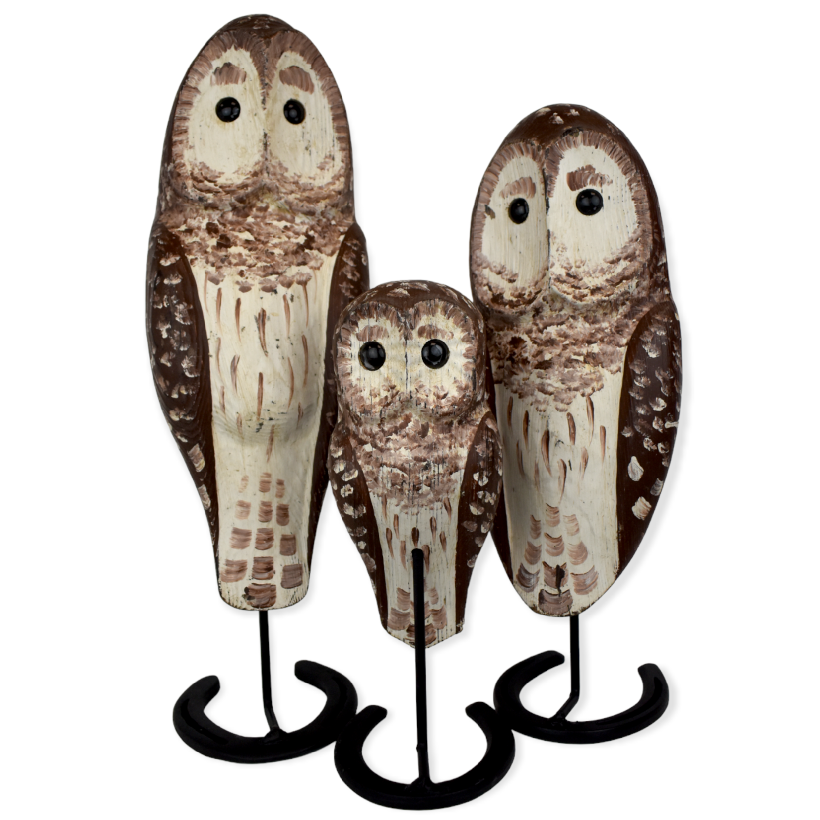 Wooden Owls on Horseshoe