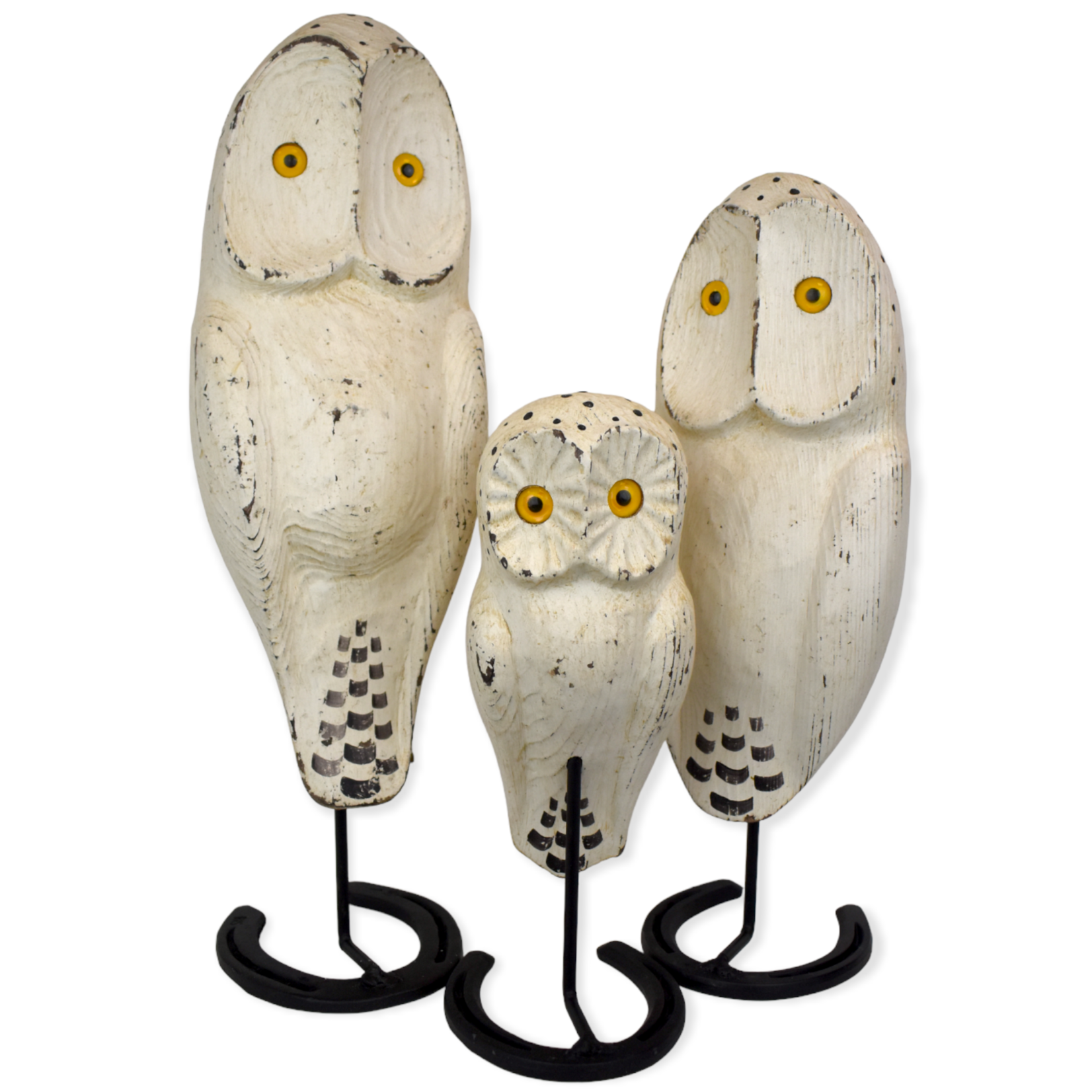 Wooden Owls on Horseshoe