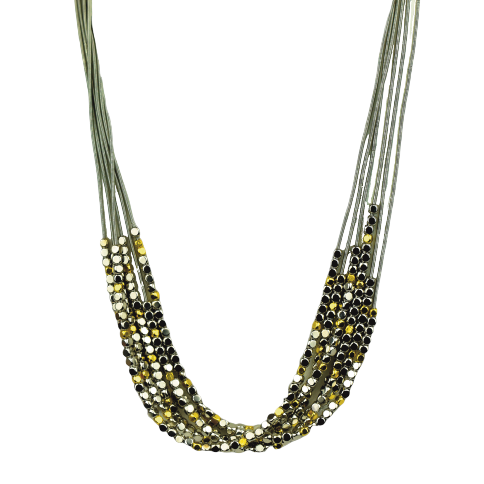 Multi Strand Silver & Gold Square Bead Necklace