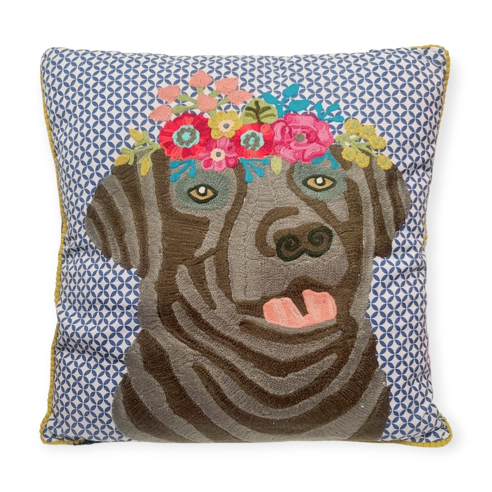 Karma Living Black Dog with Flowers Pillow