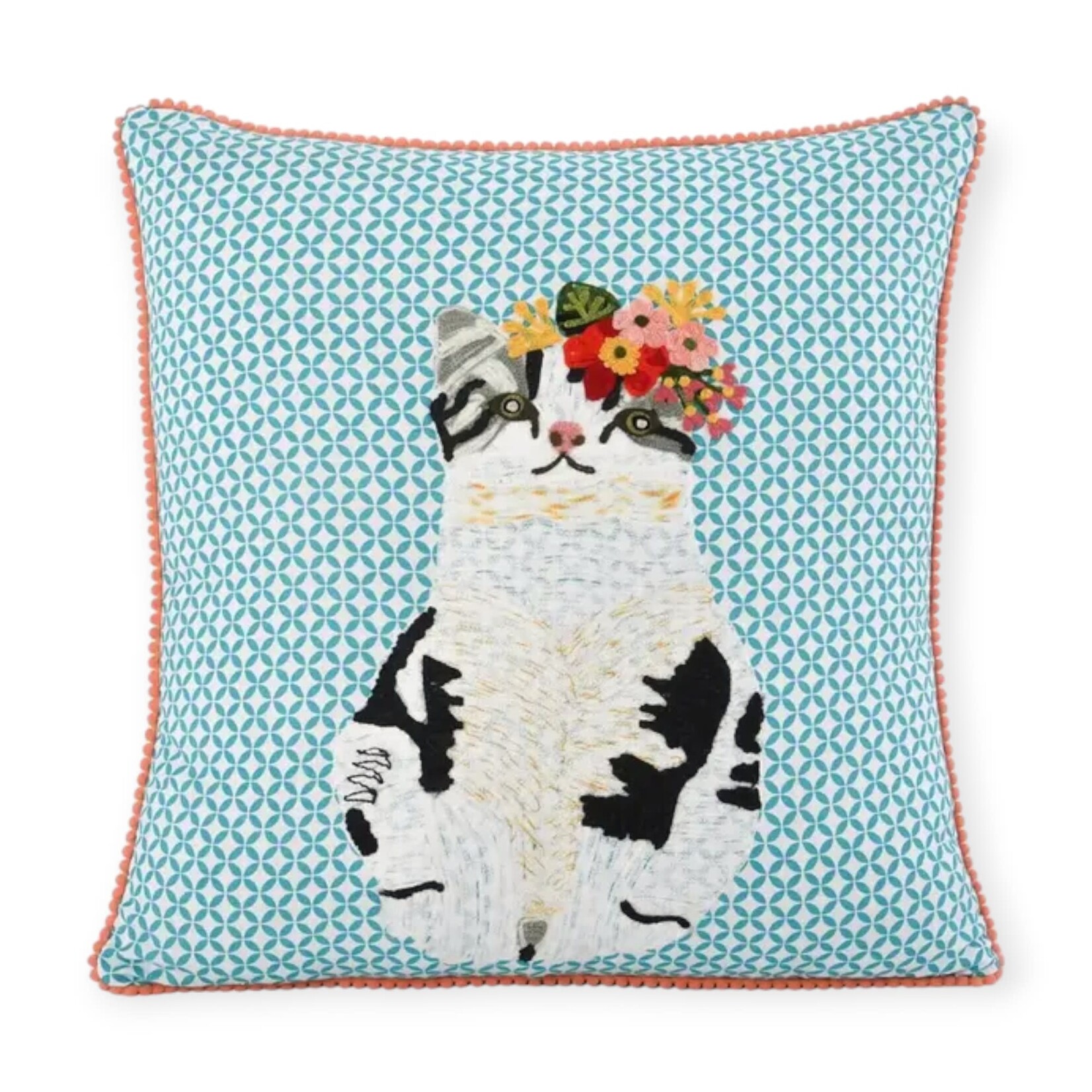 Karma Living Black & White Kitten Embroidered Cushion