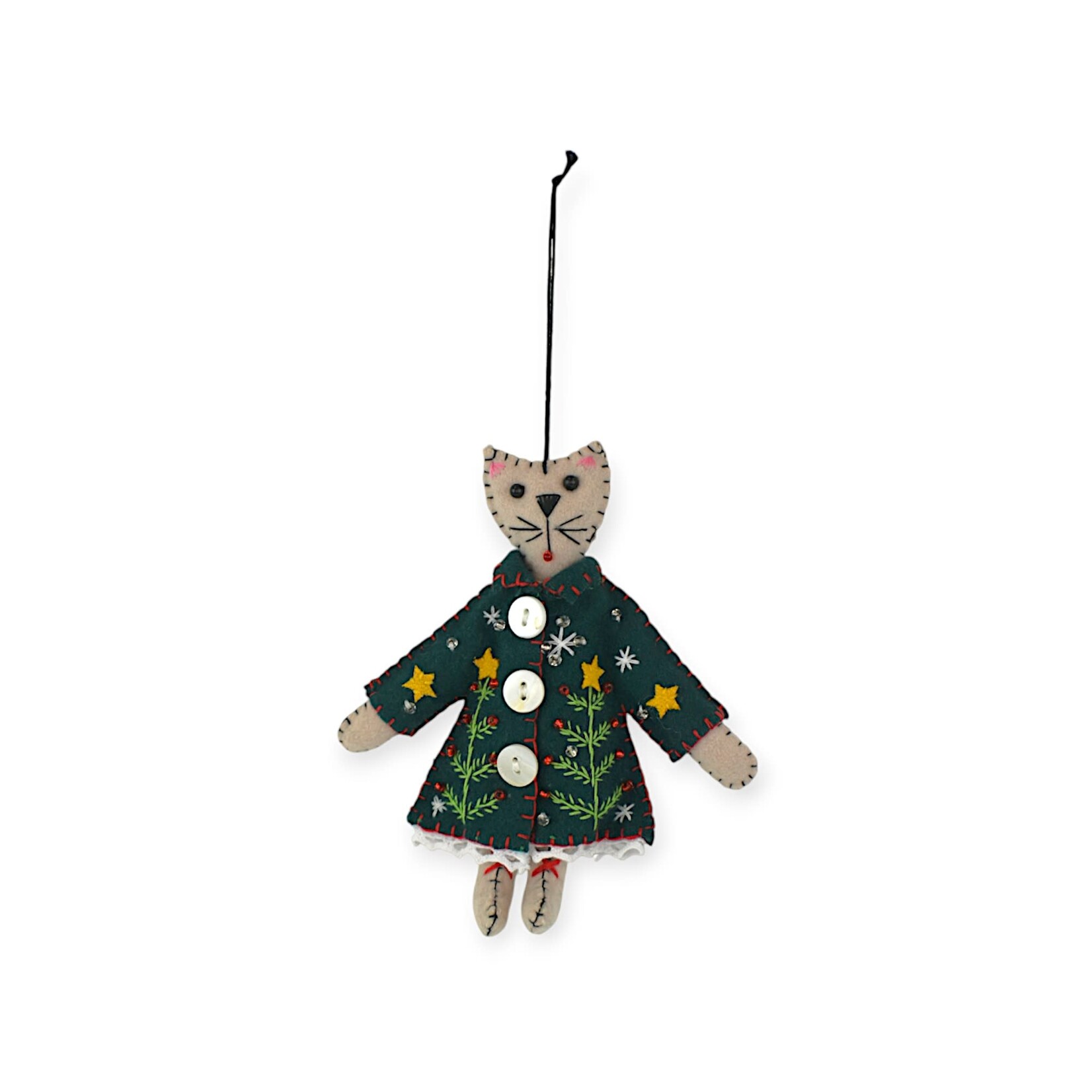 Stitch By Stitch White Cat Green Jecket Ornament