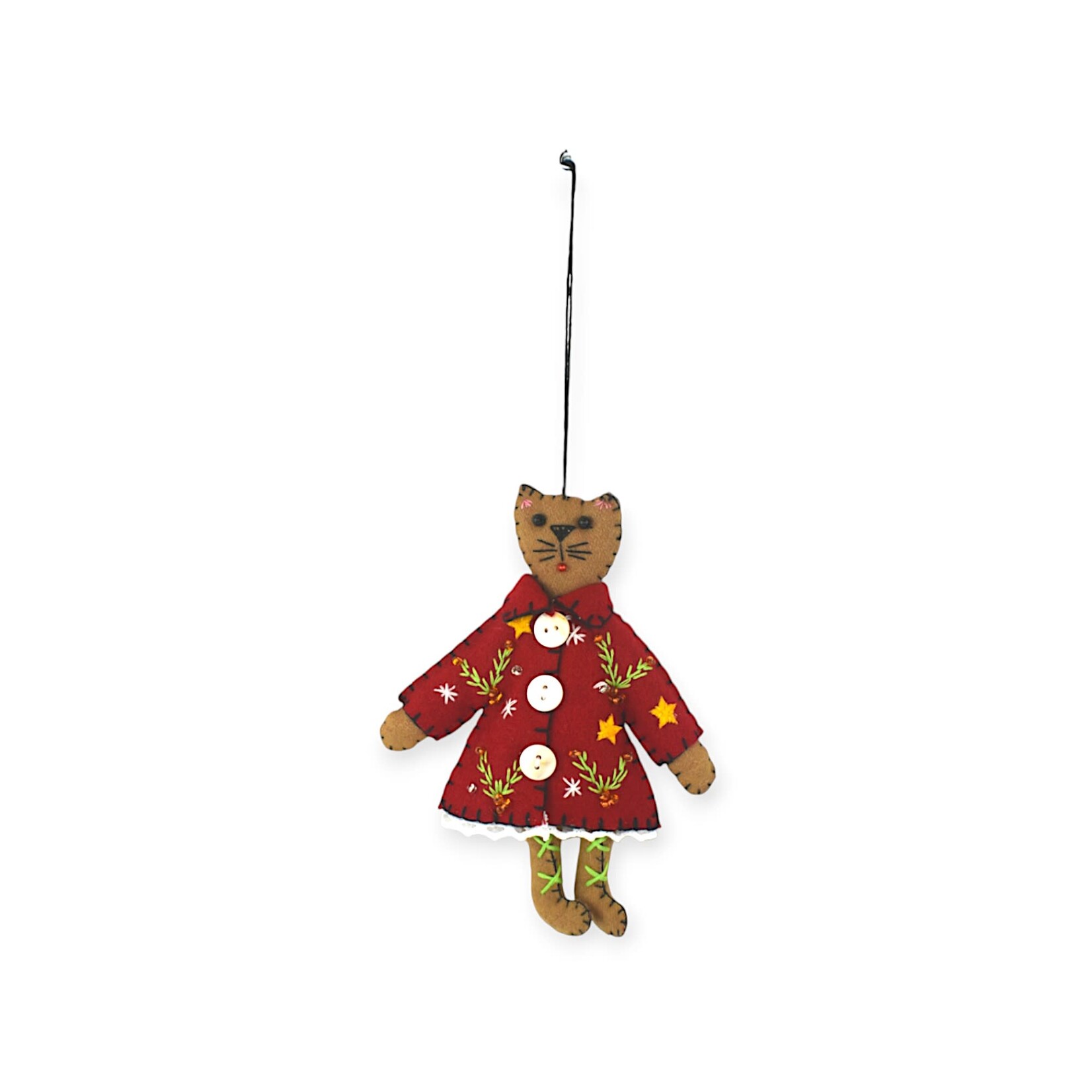 Stitch By Stitch Brown Cat Red Dress Orn