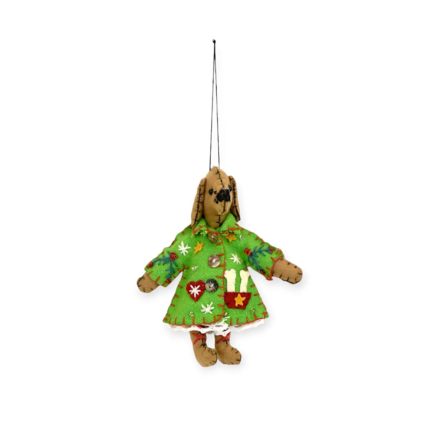 Stitch By Stitch Brown Dog Green Dress Ornament