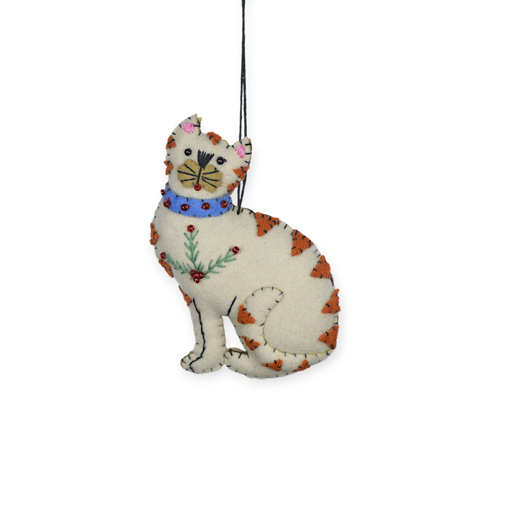 Stitch By Stitch White Sitting Cat Blue Collar Ornament