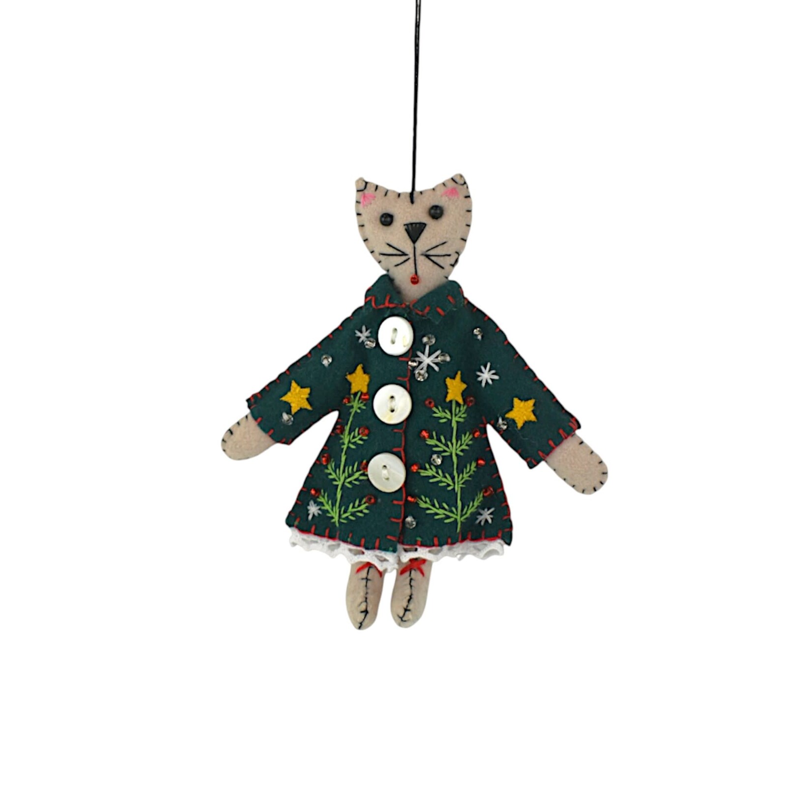 Stitch By Stitch White Cat Green Jecket Ornament