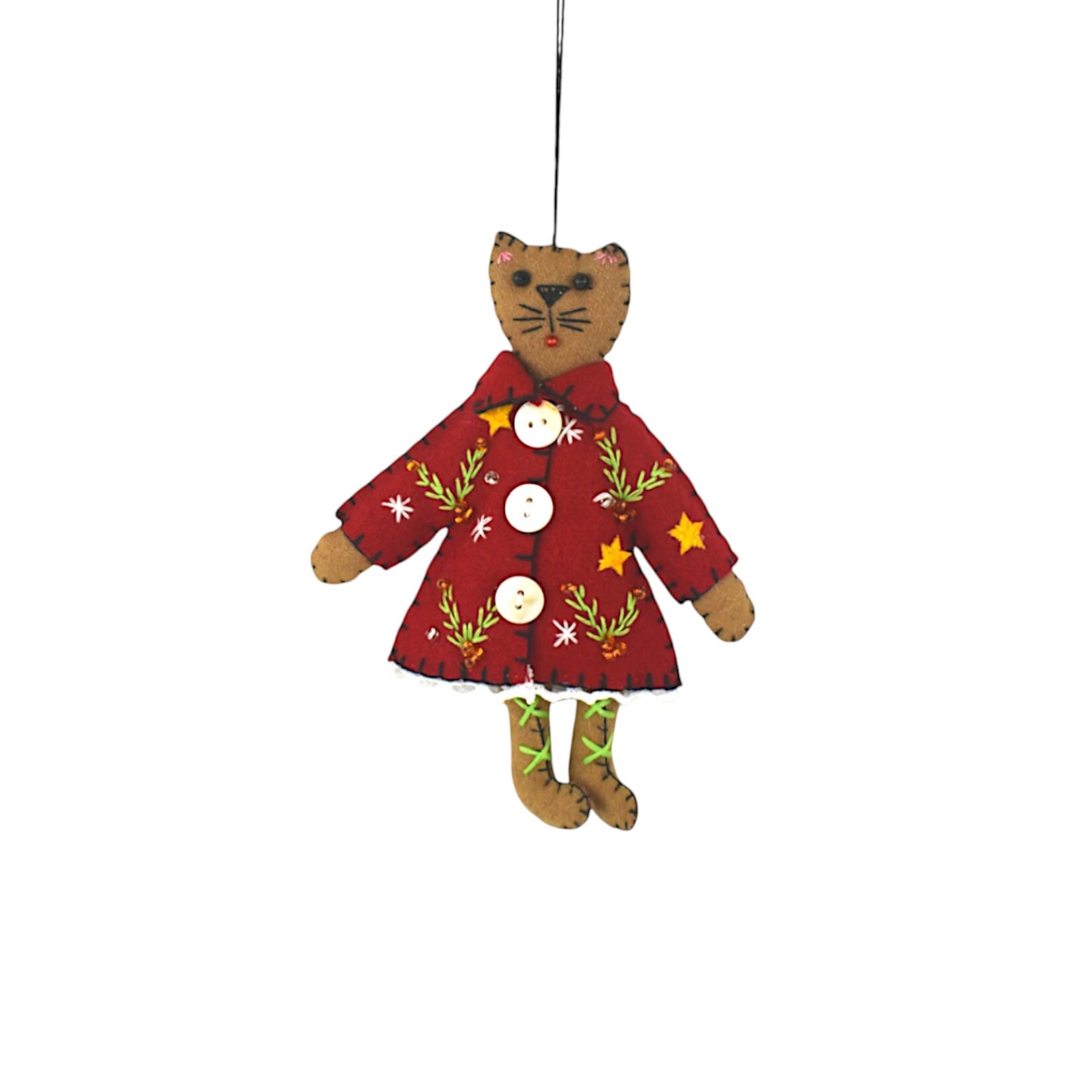 Stitch By Stitch Brown Cat Red Jacket Orn