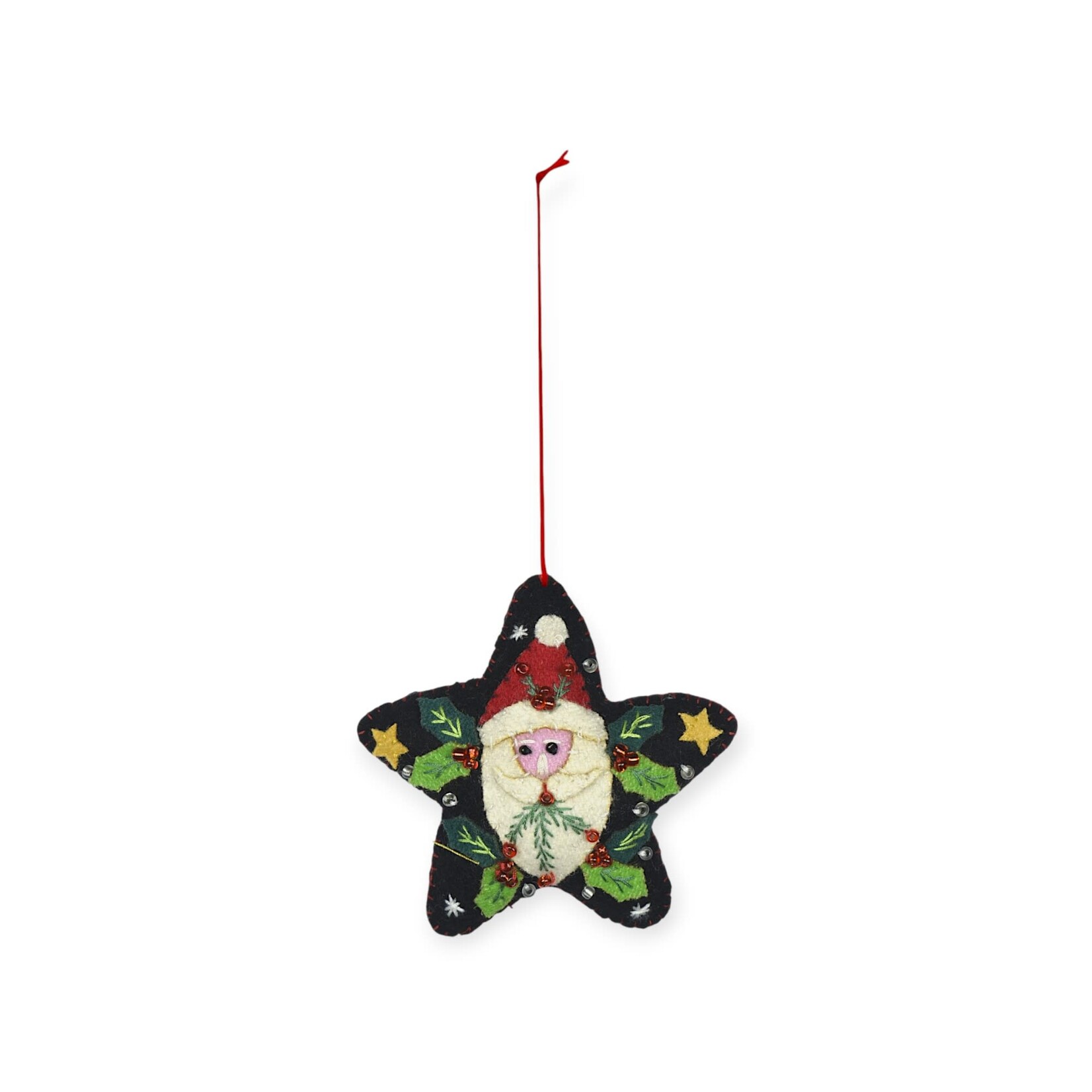 Stitch By Stitch Black Star with Santa Face & Holly Ornament
