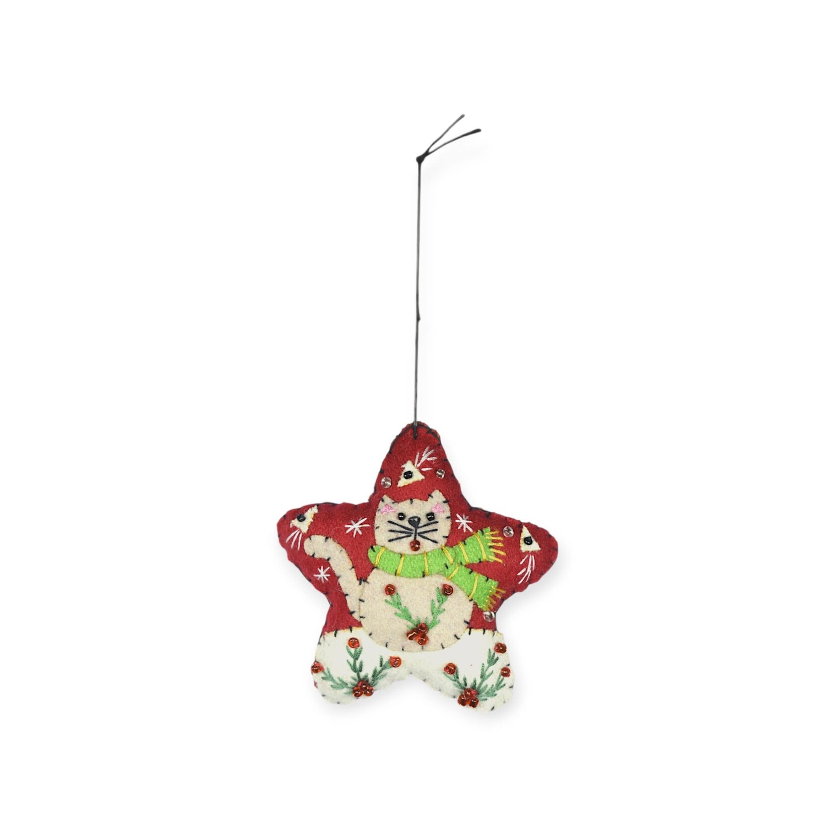 Stitch By Stitch White Star with Gray Cat Ornament