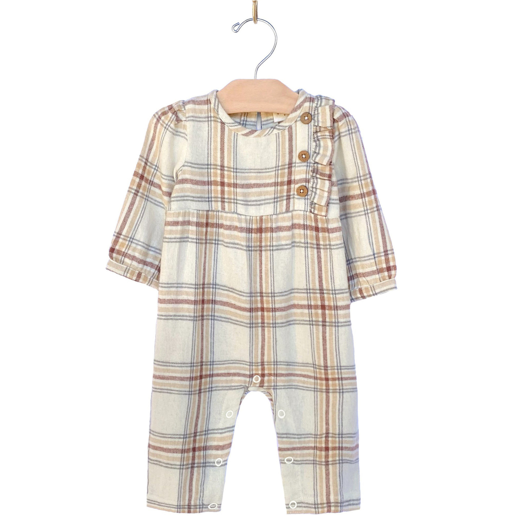 city mouse taupe plaid flannel romper