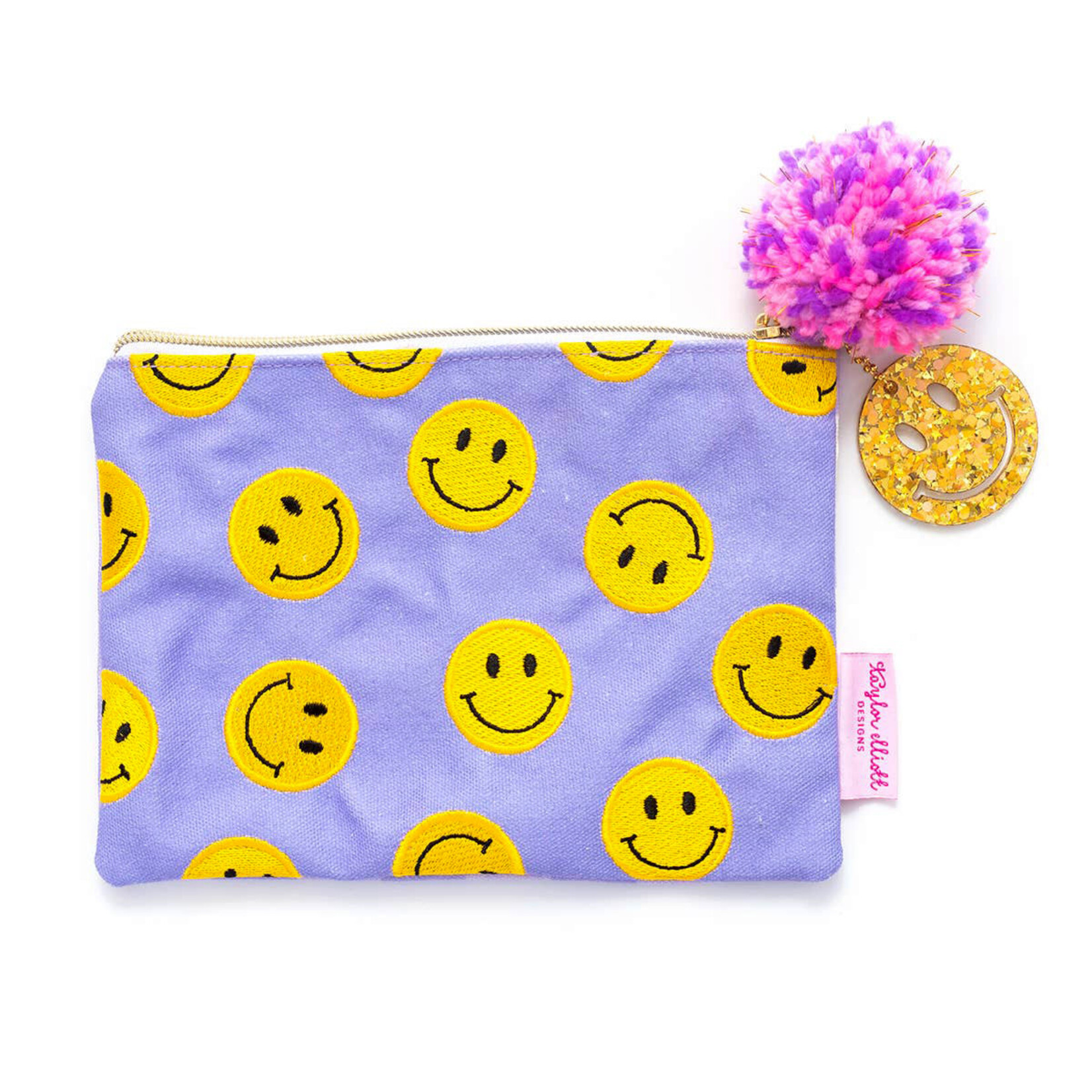taylor elliott purple smiley pom pouch - smile bag