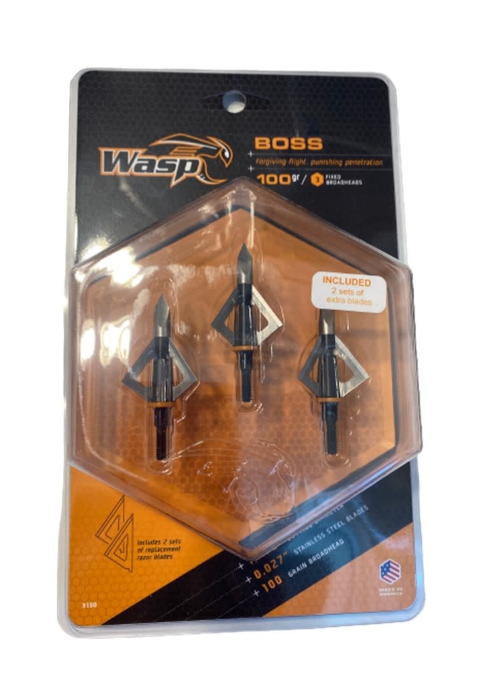Wasp Boss  3 fixed broadhead 100 gn., 1 1/8" cutting diameter, .027" stainless steel blades - 3 pack