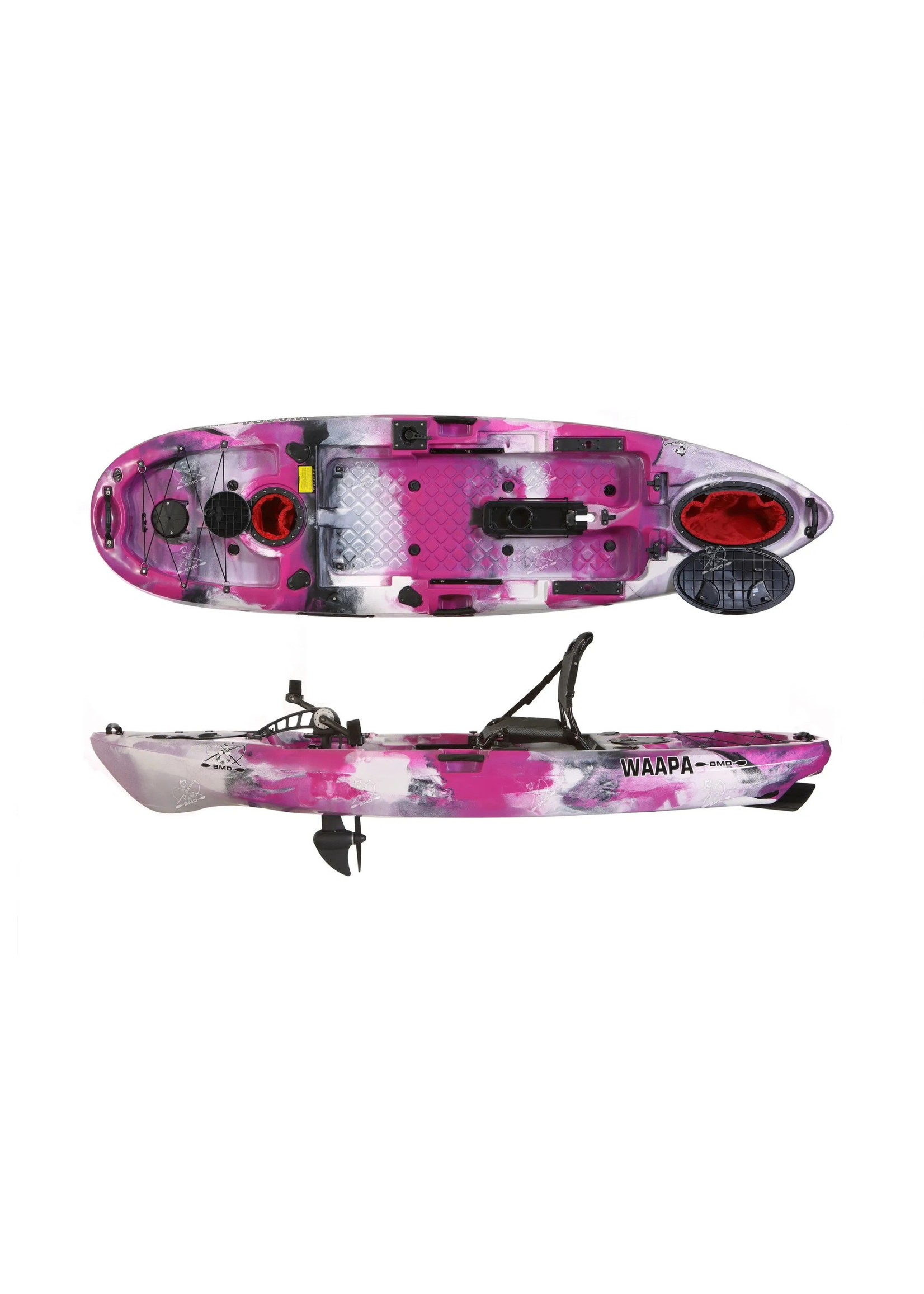 Waapa Fishing kayak with pedals - pink black and white