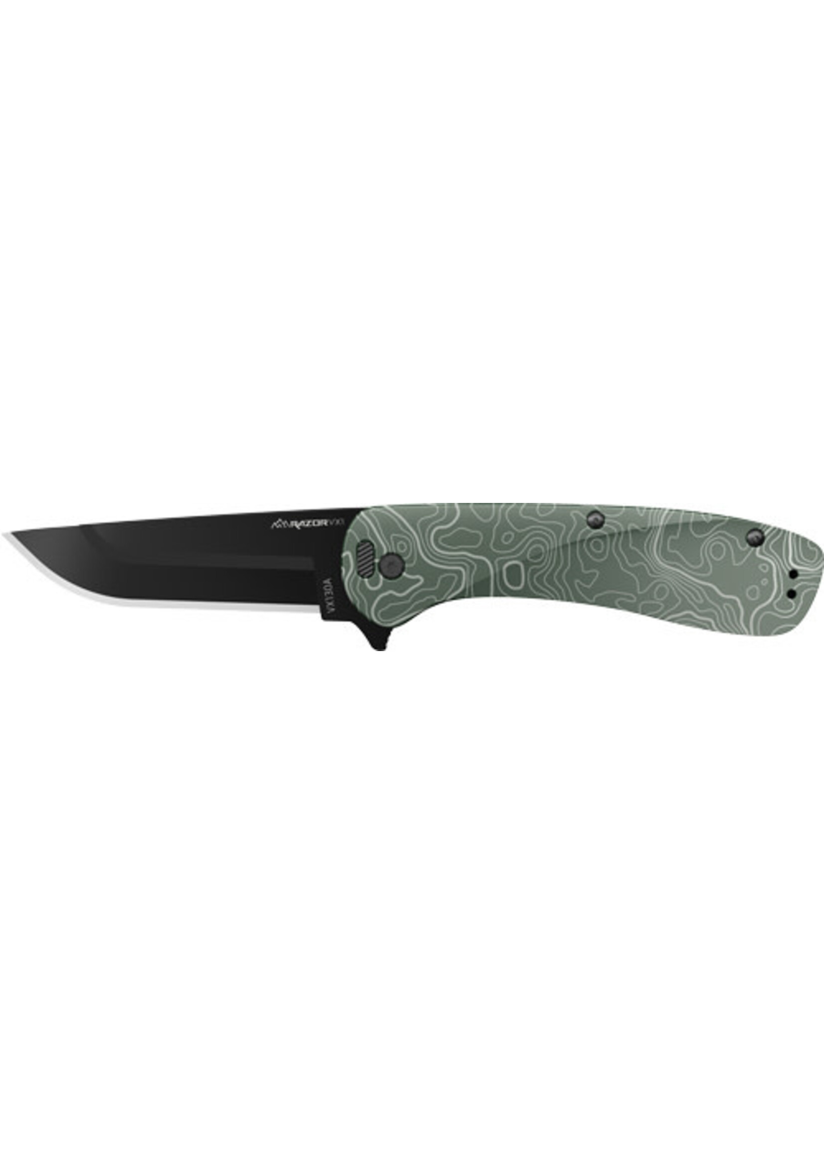 Outdoor Edge RAZOR VX1 | Aluminium anodisé vert avec carte topographique et pointe noire | Quincaillerie noire | Ressort d'assistance
