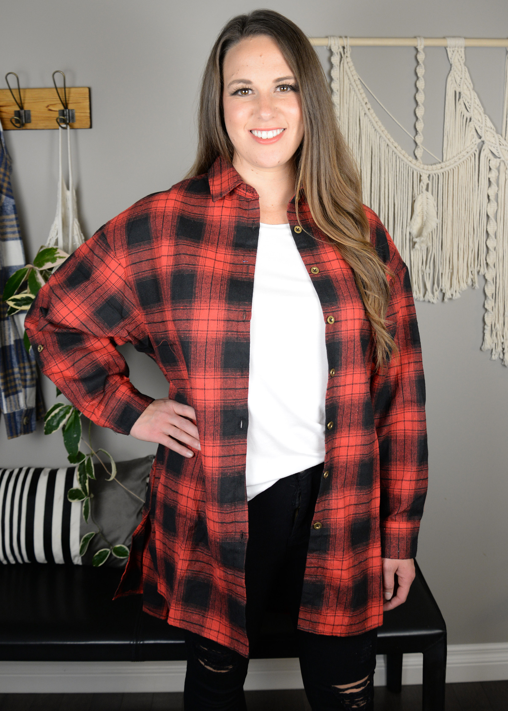 Fran Long Plaid Flannel Button Down Shirt