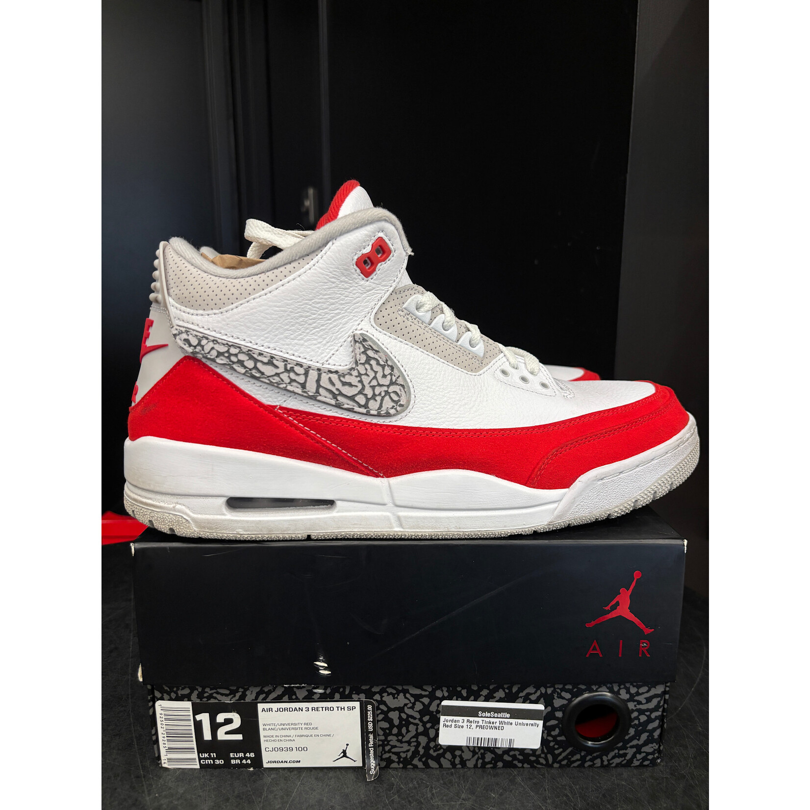 Jordan Jordan 3 Retro Tinker White University Red Size 12, PREOWNED